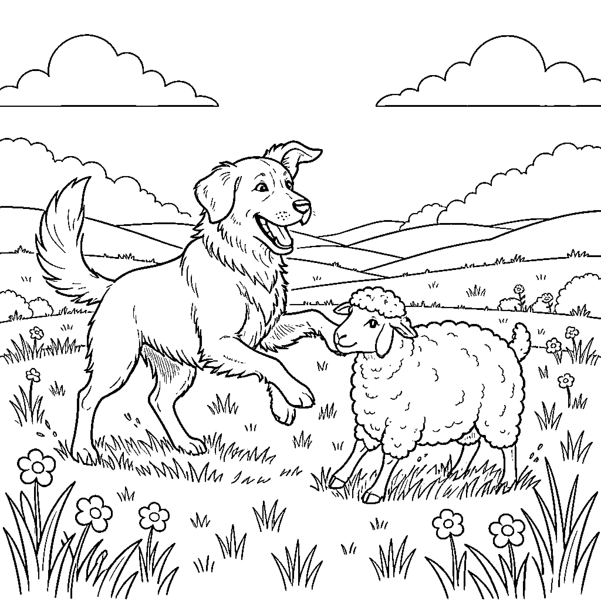 Perro guiando a la oveja en el campo Coloring Page (free black-and-white line drawing printable PDF for all, from beginners to advanced learners, including children, teens, adults, and seniors)
