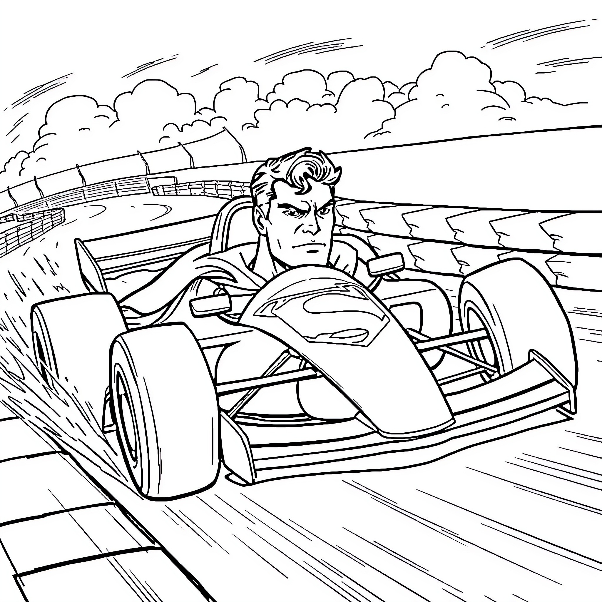 Super Man Driving Fast Race Car on Track Coloring Page (free black-and-white line drawing printable PDF for all, from beginners to advanced learners, including children, teens, adults, and seniors)