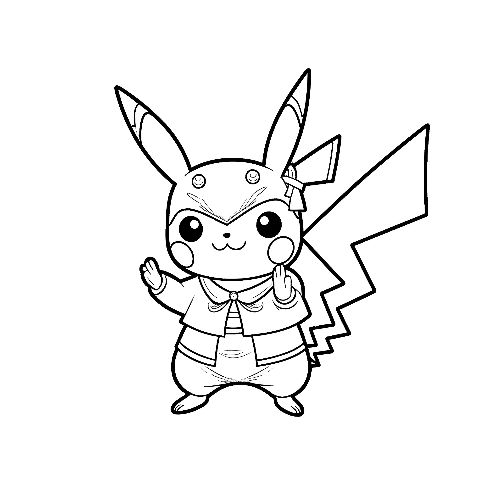 Pikachu in a cute and friendly pose Coloring Page (free black-and-white line drawing printable PDF for all, from beginners to advanced learners, including children, teens, adults, and seniors)