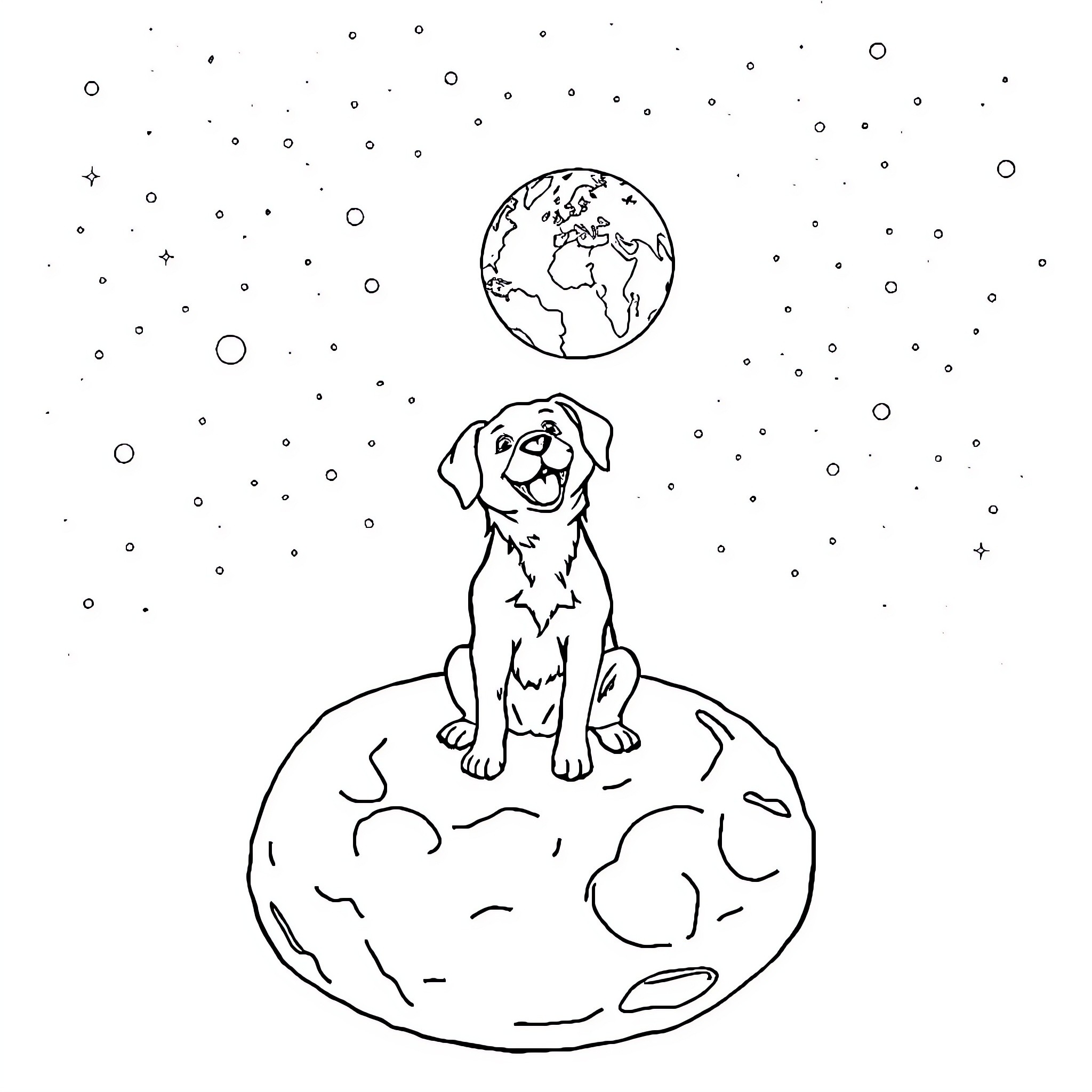 Dog gazing at the world from Earth Coloring Page (free black-and-white line drawing printable PDF for all, from beginners to advanced learners, including children, teens, adults, and seniors)