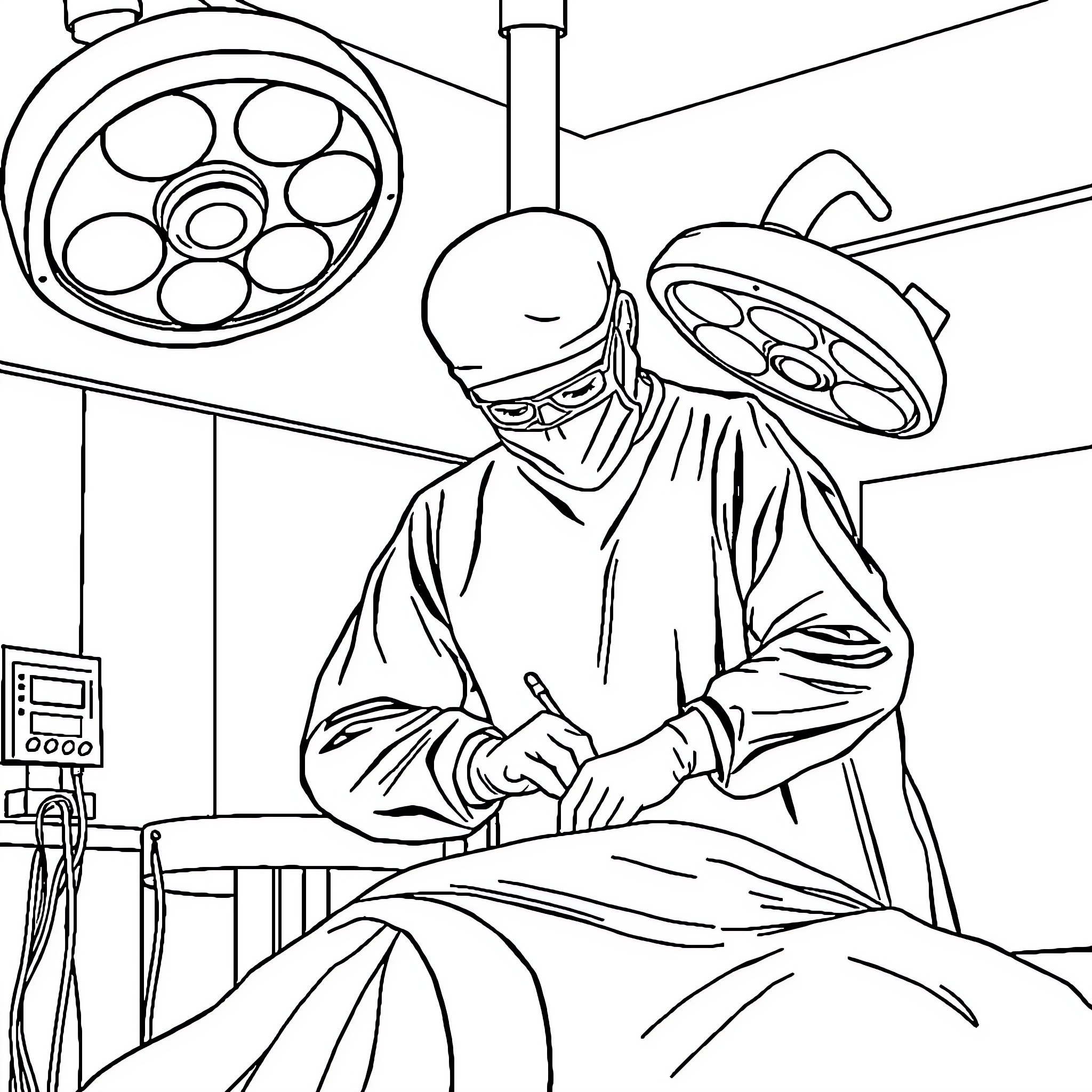 Surgeon performing intricate medical procedure Coloring Page (free black-and-white line drawing printable PDF for all, from beginners to advanced learners, including children, teens, adults, and seniors)