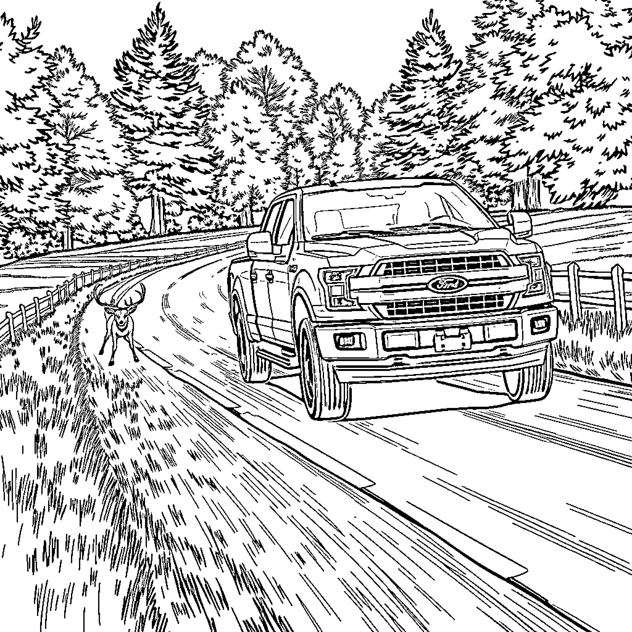 Truck driving on a road through the forest Coloring Page (free black-and-white line drawing printable PDF for all, from beginners to advanced learners, including children, teens, adults, and seniors)