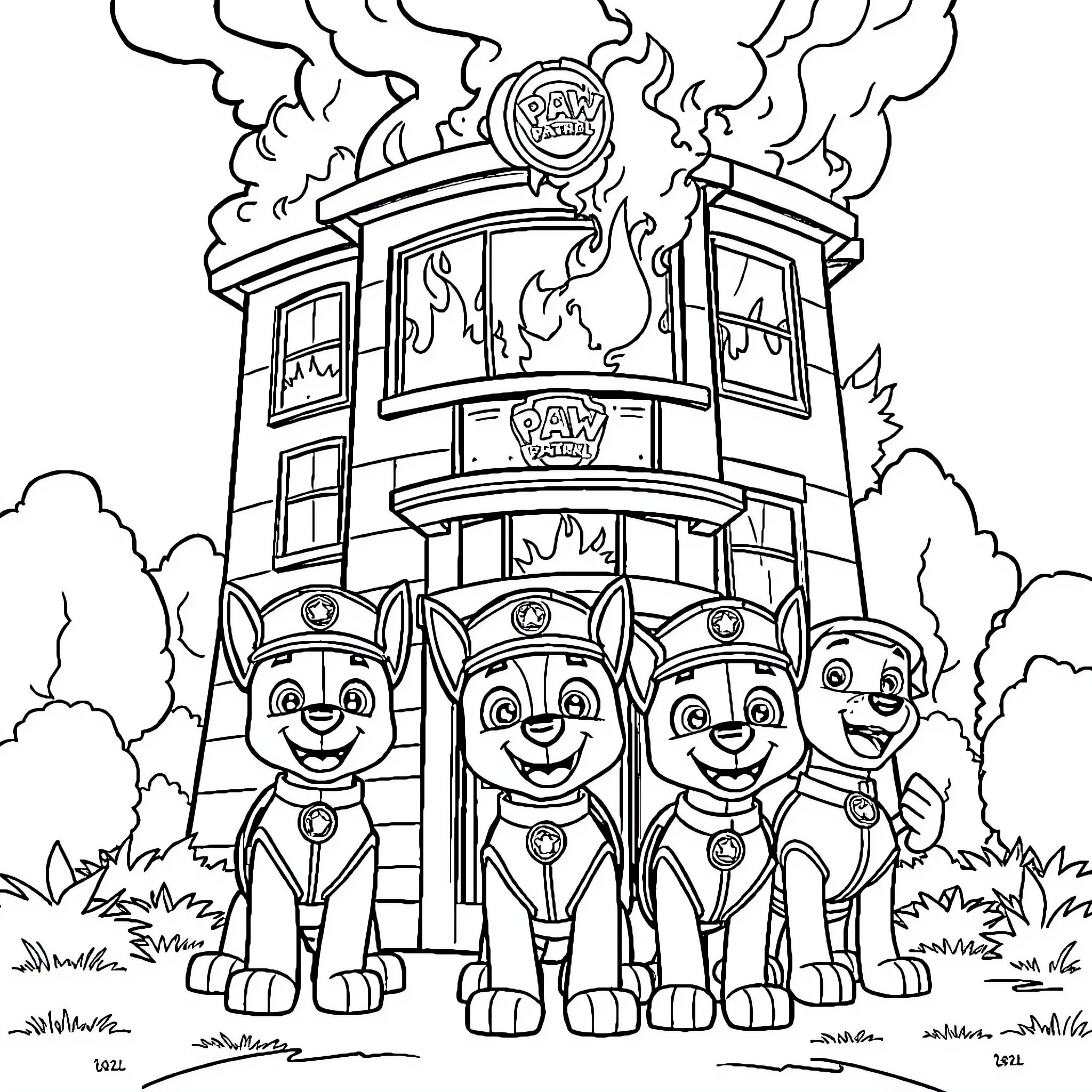 Paw Patrol team in action at the fire station Coloring Page (free black-and-white line drawing printable PDF for all, from beginners to advanced learners, including children, teens, adults, and seniors)