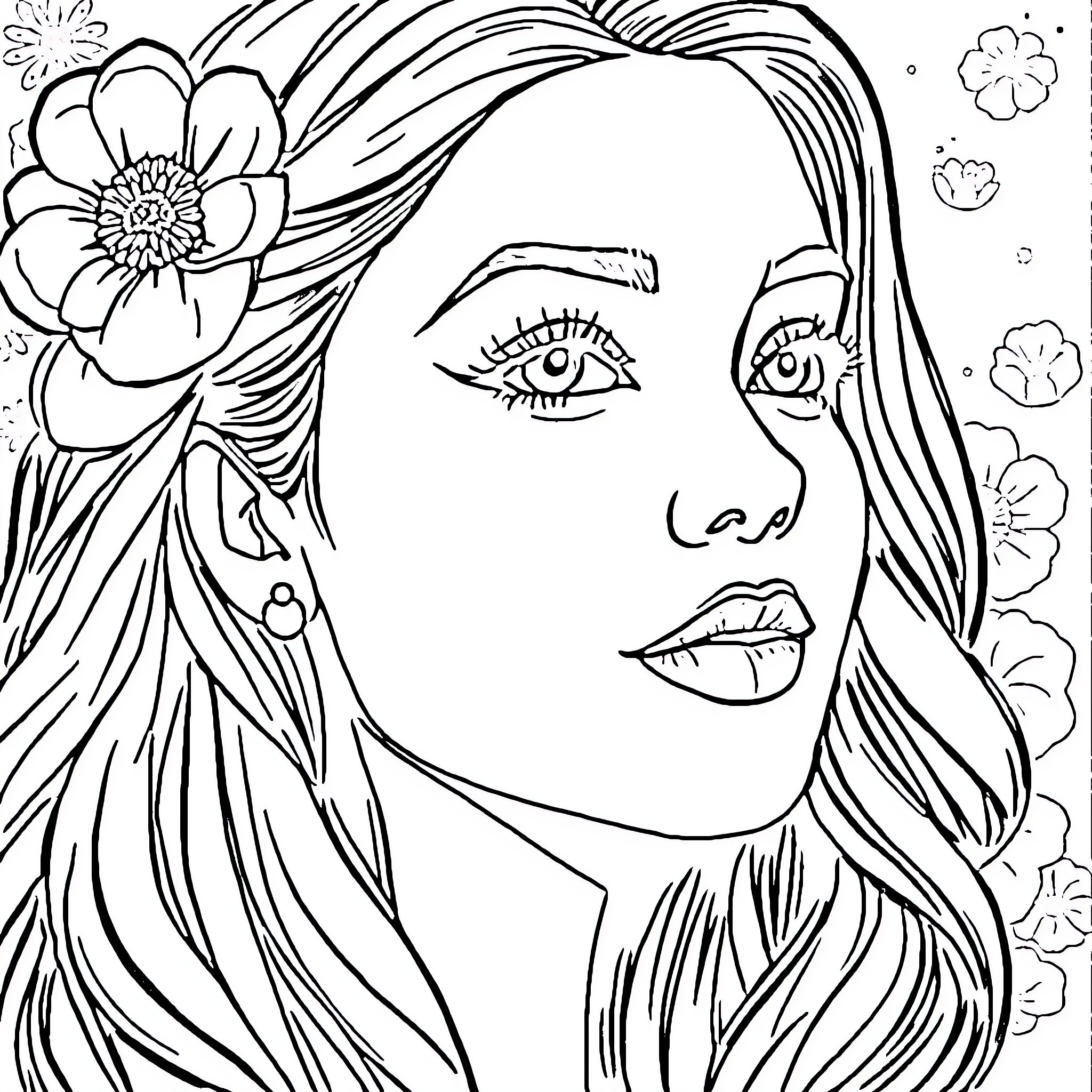Woman with floral accents and expressive features Coloring Page (free black-and-white line drawing printable PDF for all, from beginners to advanced learners, including children, teens, adults, and seniors)