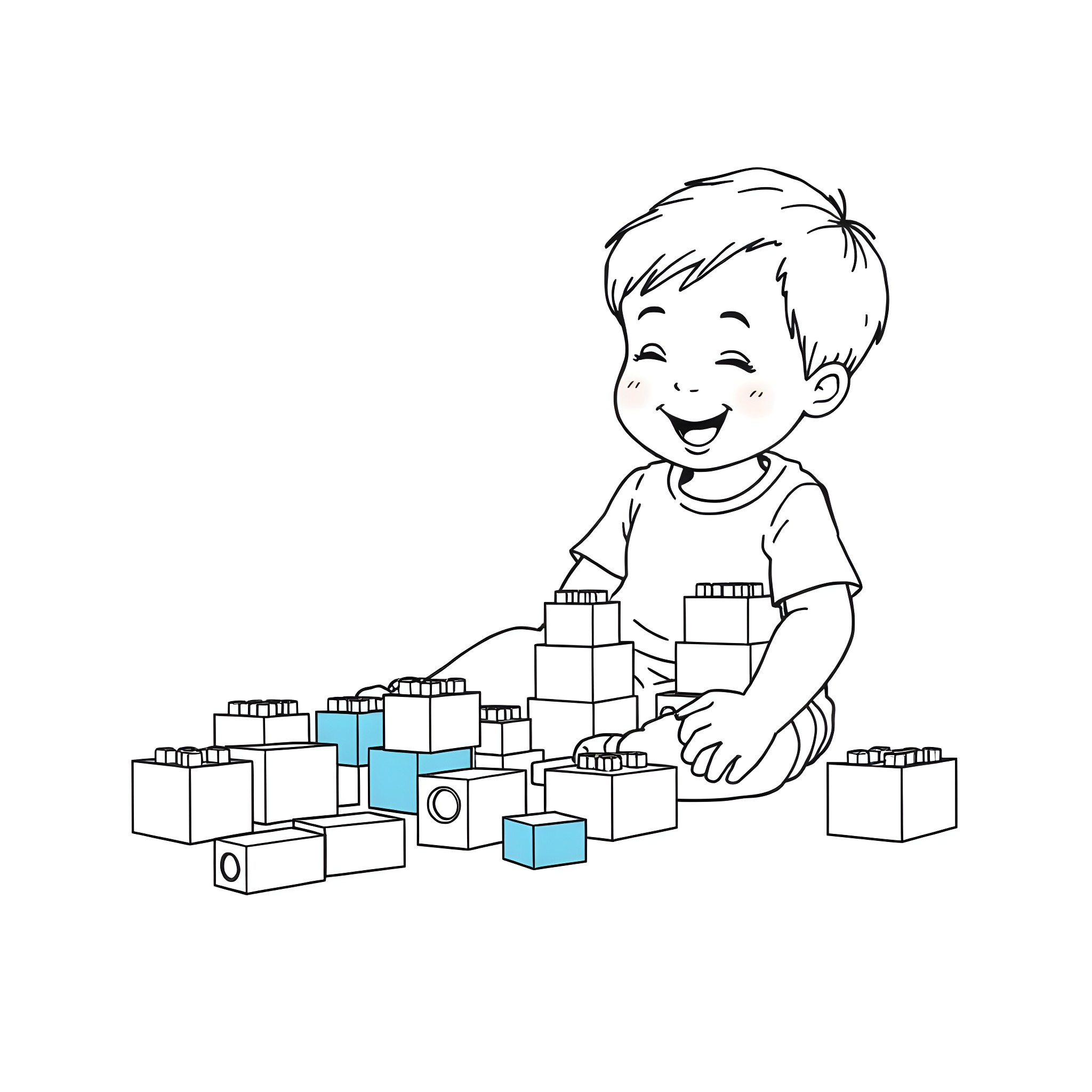 Kid building with toy blocks Coloring Page (free black-and-white line drawing printable PDF for all, from beginners to advanced learners, including children, teens, adults, and seniors)