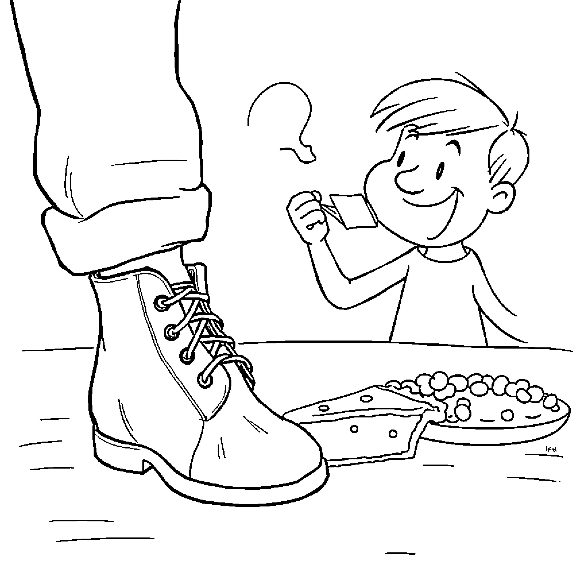 Poop on a boot and a happy boy Coloring Page (free black-and-white line drawing printable PDF for all, from beginners to advanced learners, including children, teens, adults, and seniors)