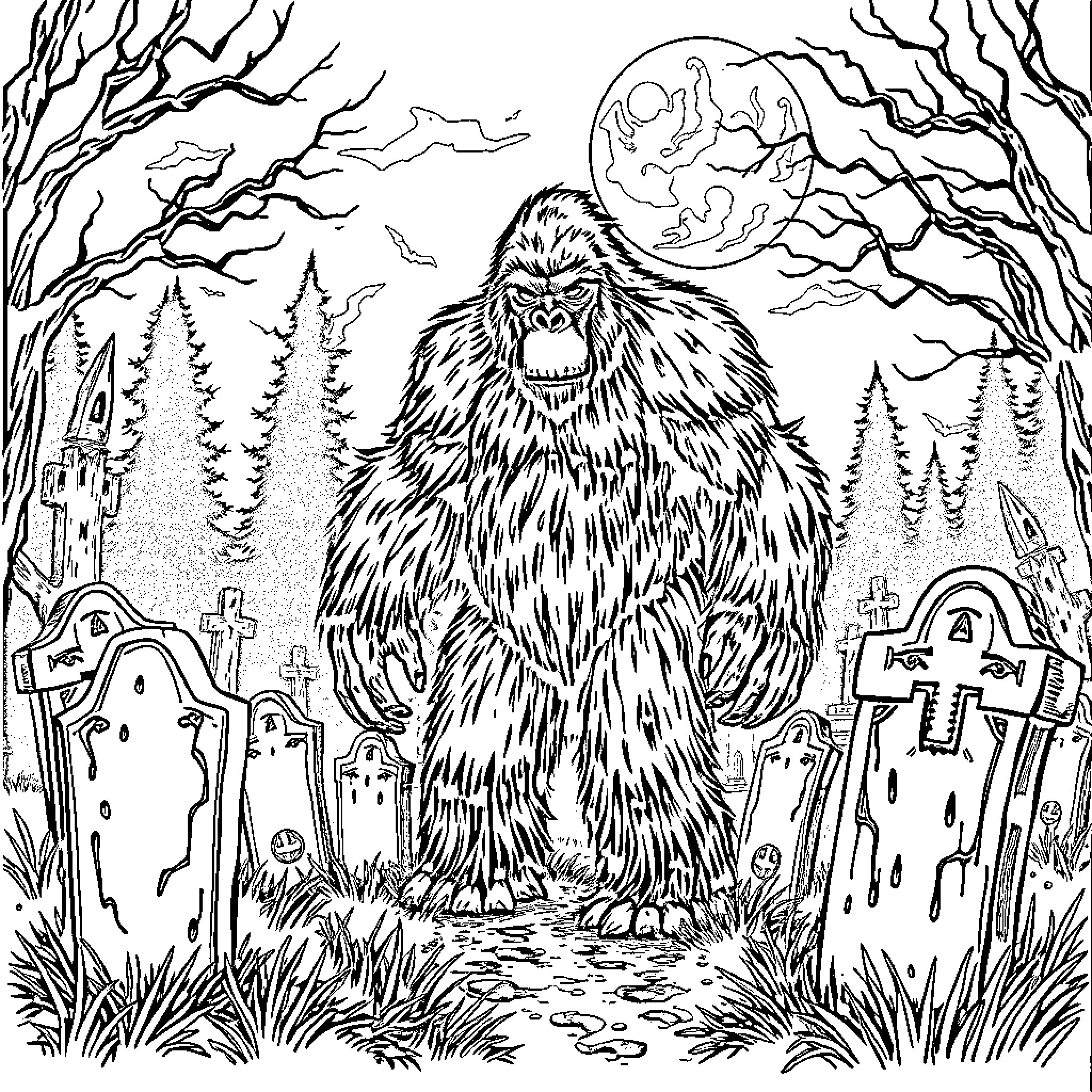 Bigfoot roaming through the eerie forest at night Coloring Page (free black-and-white line drawing printable PDF for all, from beginners to advanced learners, including children, teens, adults, and seniors)