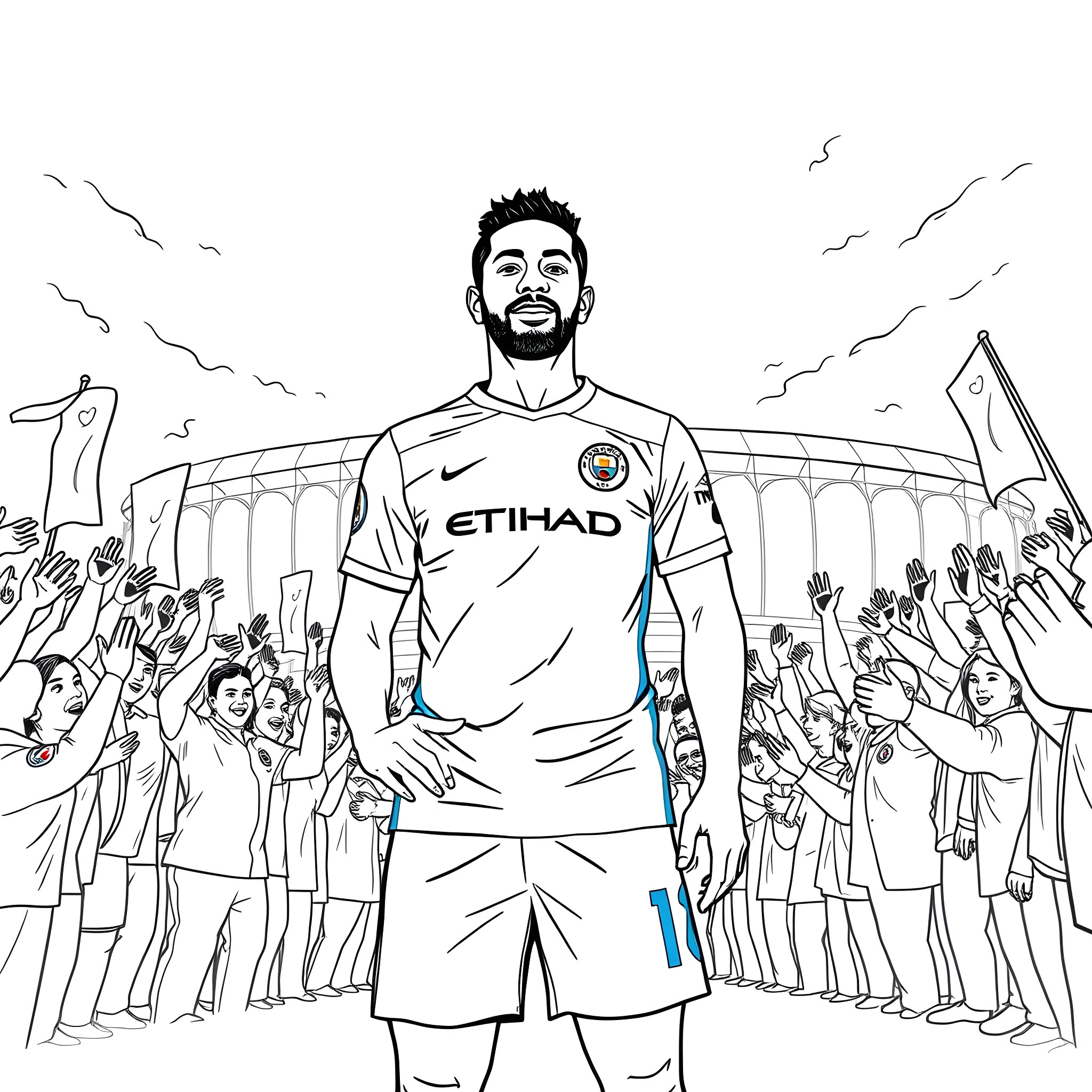 Mohamed Farah's Football Victory Celebration Coloring Page (free black-and-white line drawing printable PDF for all, from beginners to advanced learners, including children, teens, adults, and seniors)