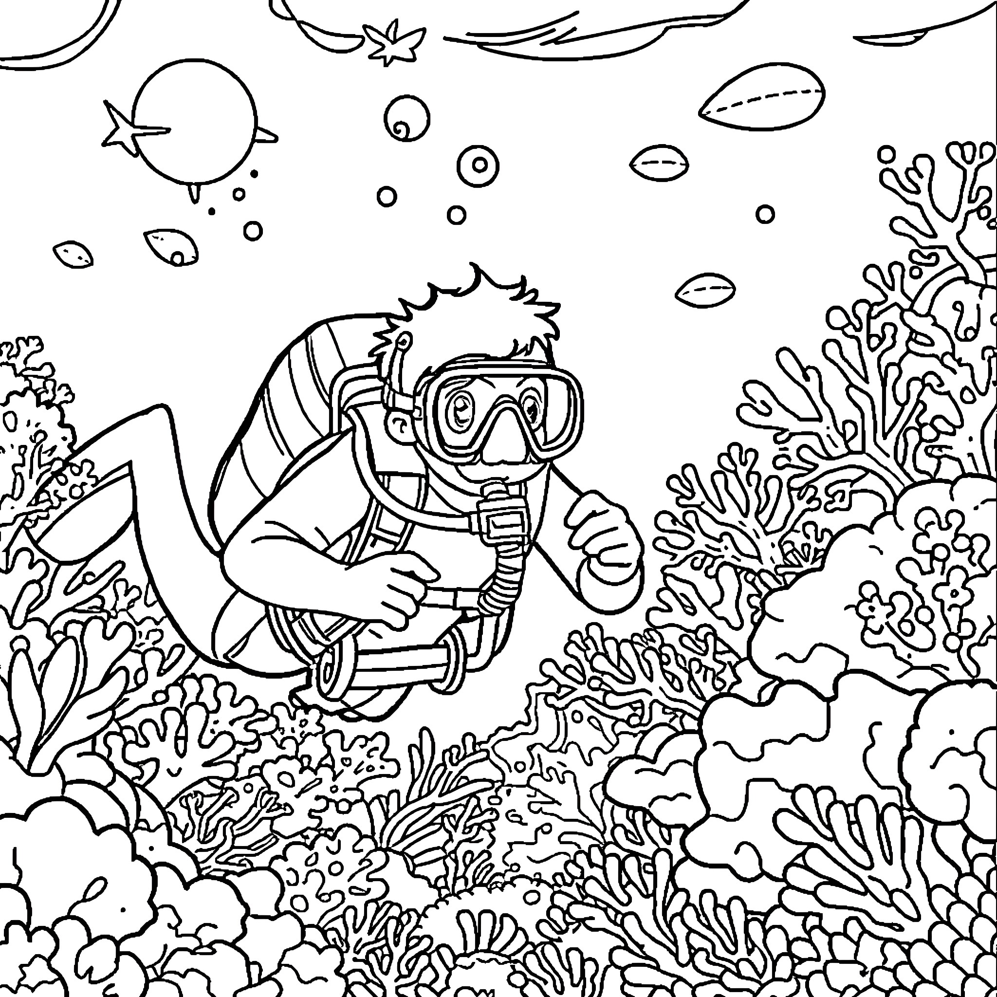 Danny's Underwater Adventure with Coral and Sea Life Coloring Page (free black-and-white line drawing printable PDF for all, from beginners to advanced learners, including children, teens, adults, and seniors)