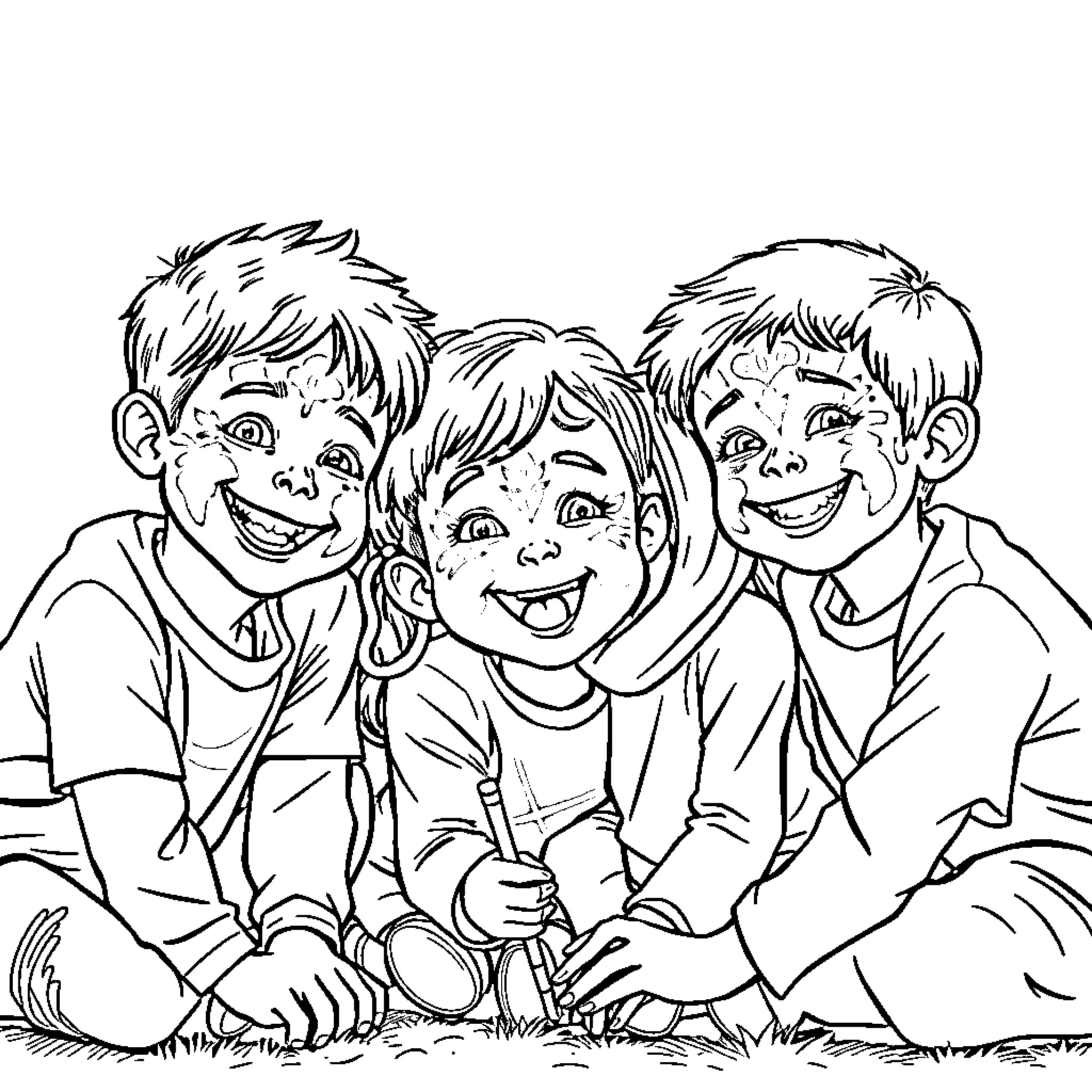 Kid friends playing and having fun together Coloring Page (free black-and-white line drawing printable PDF for all, from beginners to advanced learners, including children, teens, adults, and seniors)