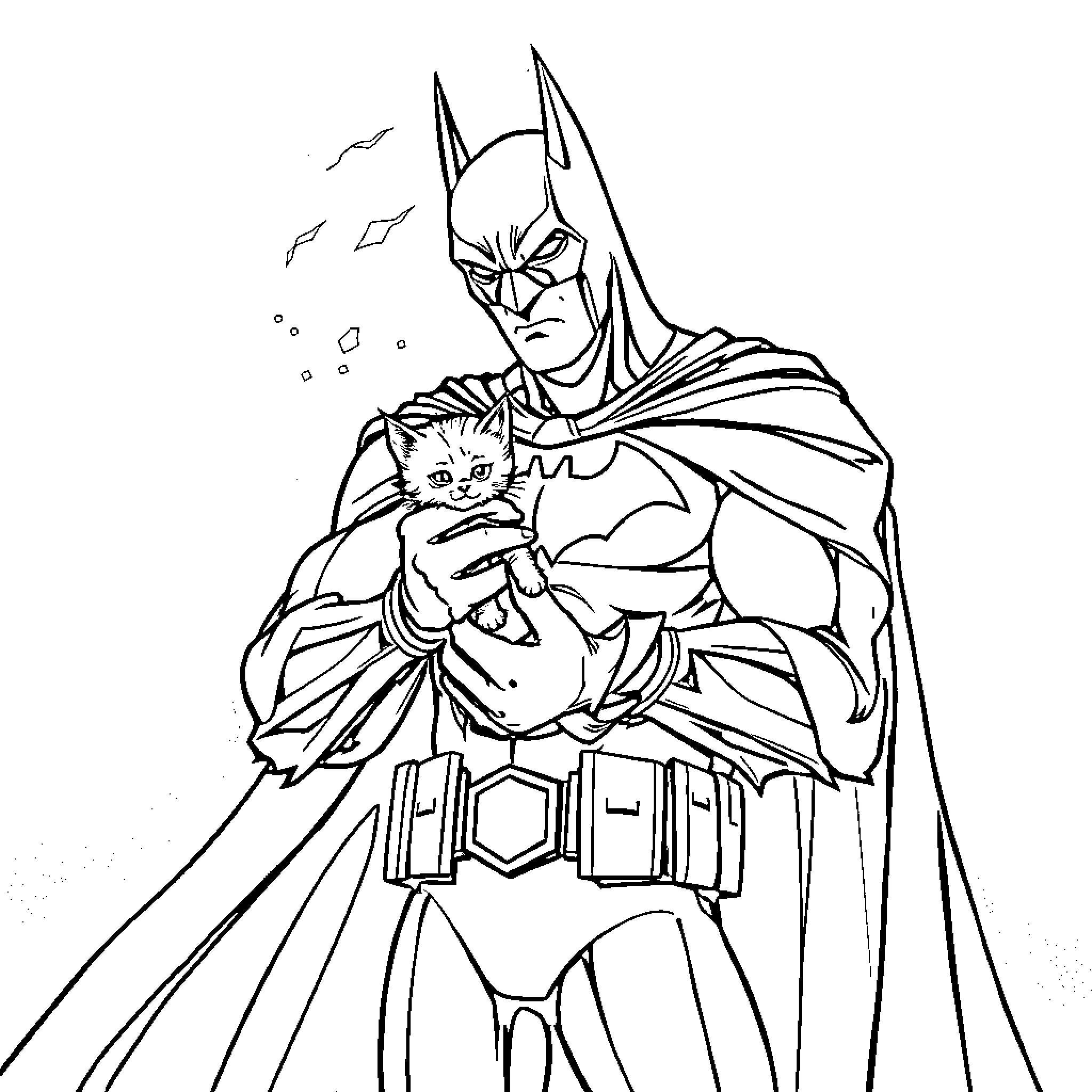 Batman Holding a Kitten with Determination Coloring Page (free black-and-white line drawing printable PDF for all, from beginners to advanced learners, including children, teens, adults, and seniors)