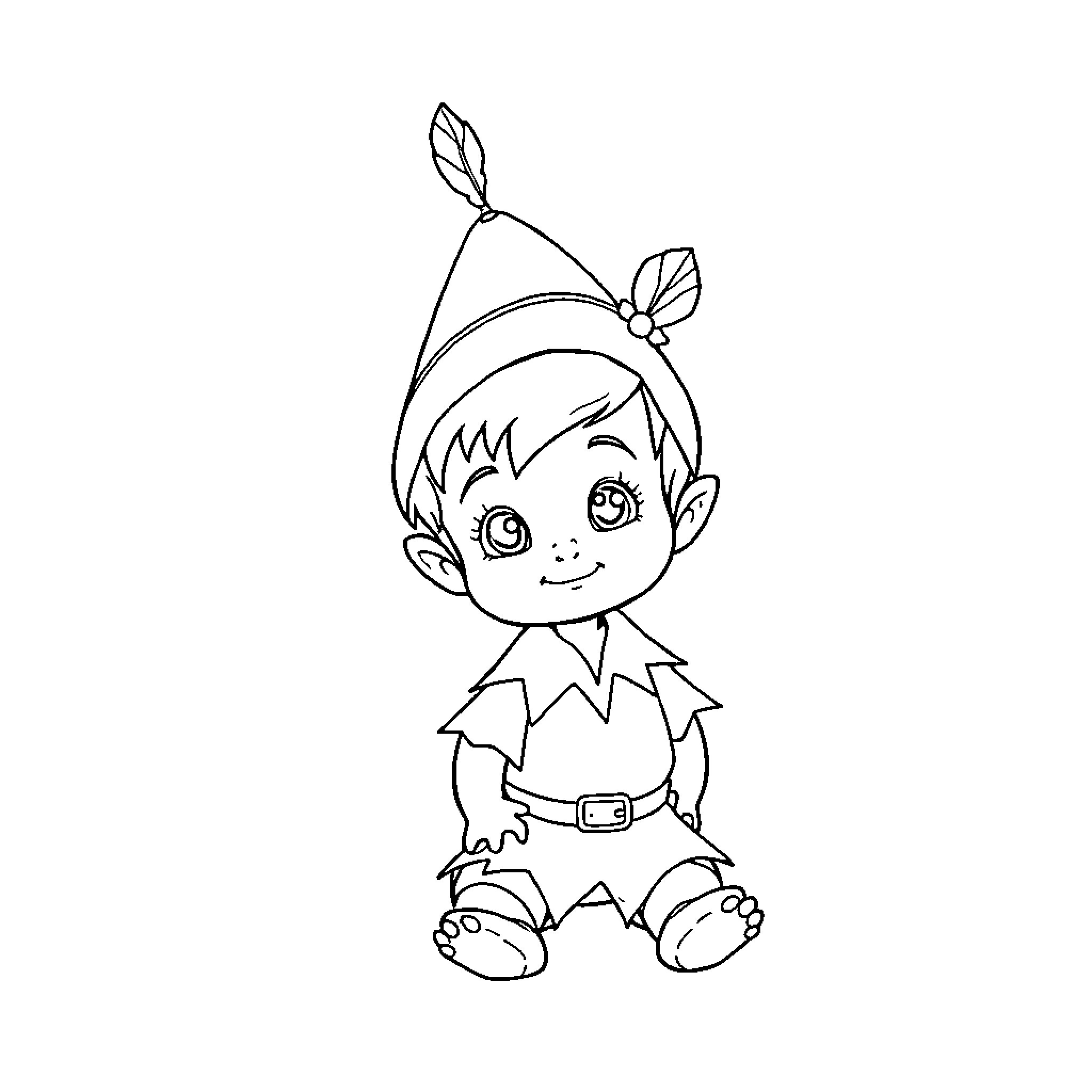 Peter Pan Cartoon Character Sitting Happily Coloring Page (free black-and-white line drawing printable PDF for all, from beginners to advanced learners, including children, teens, adults, and seniors)