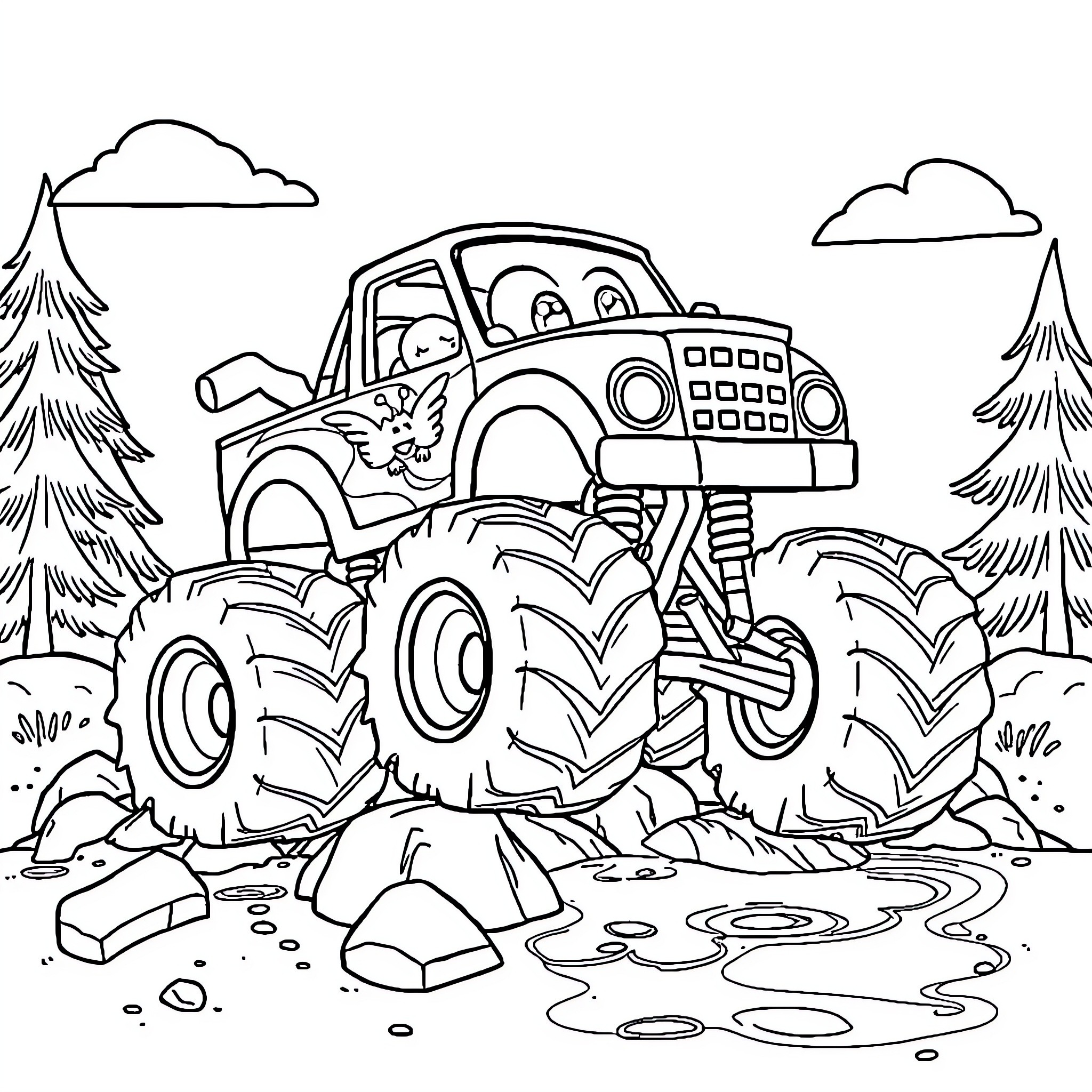 Bluey's Monster Truck Adventure in the Wilderness Coloring Page (free black-and-white line drawing printable PDF for all, from beginners to advanced learners, including children, teens, adults, and seniors)