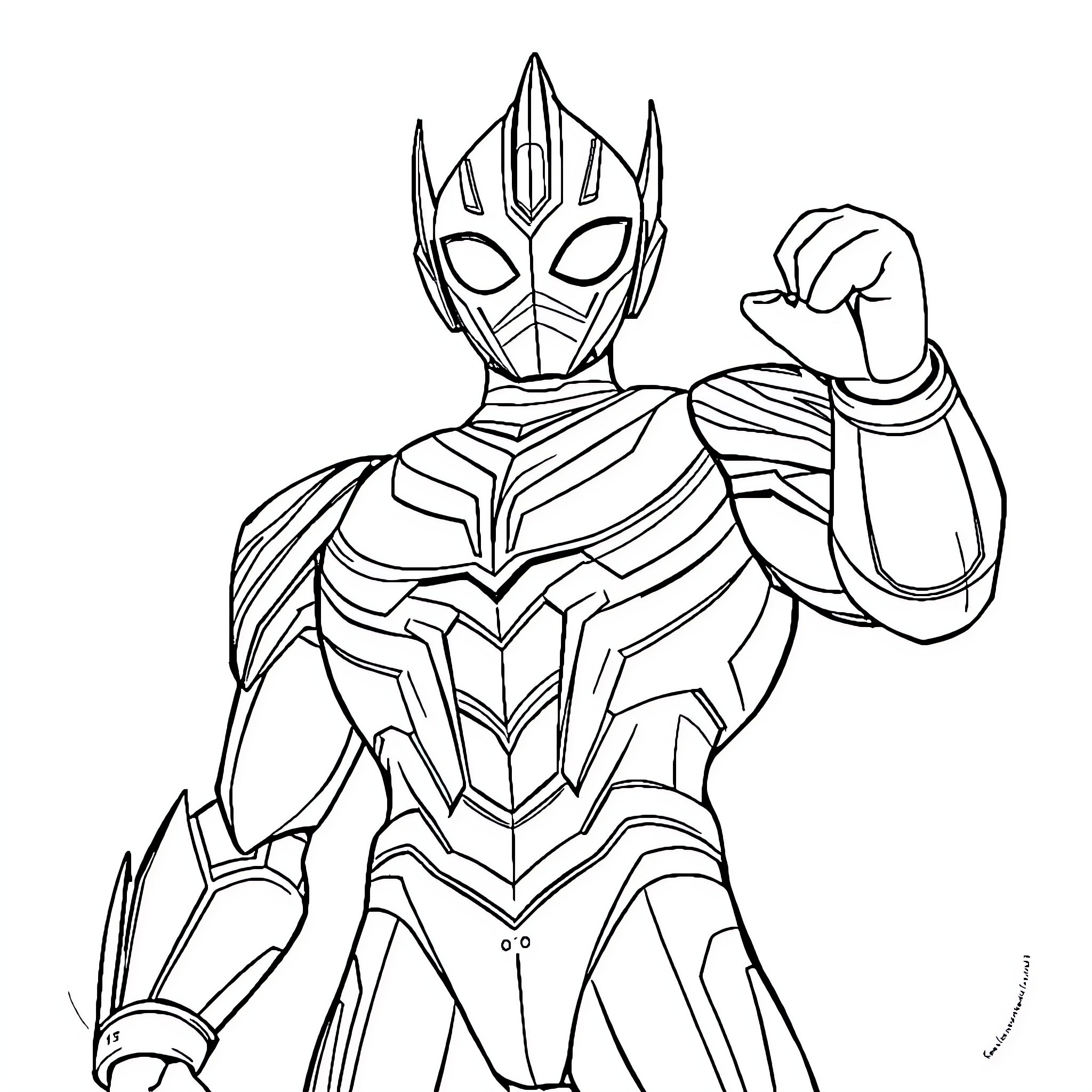 Ultraman hero in striking action pose Coloring Page (free black-and-white line drawing printable PDF for all, from beginners to advanced learners, including children, teens, adults, and seniors)