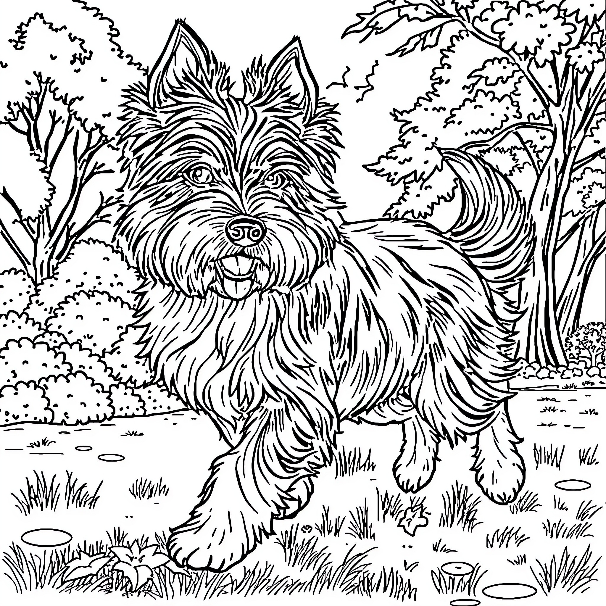 Dog exploring the lush forest landscape Coloring Page (free black-and-white line drawing printable PDF for all, from beginners to advanced learners, including children, teens, adults, and seniors)