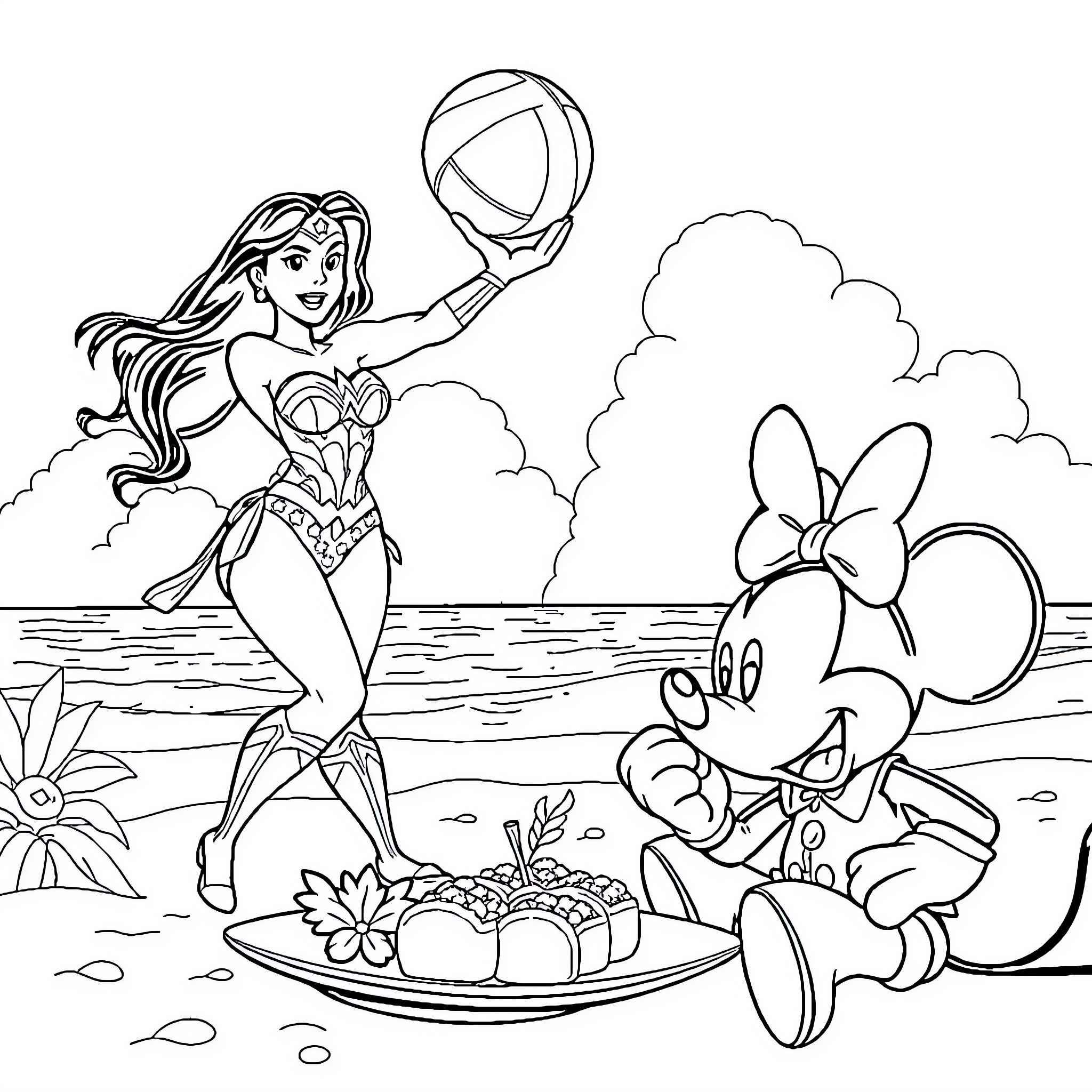 Wonder Woman enjoys summer activities with Minnie Mouse Coloring Page (free black-and-white line drawing printable PDF for all, from beginners to advanced learners, including children, teens, adults, and seniors)