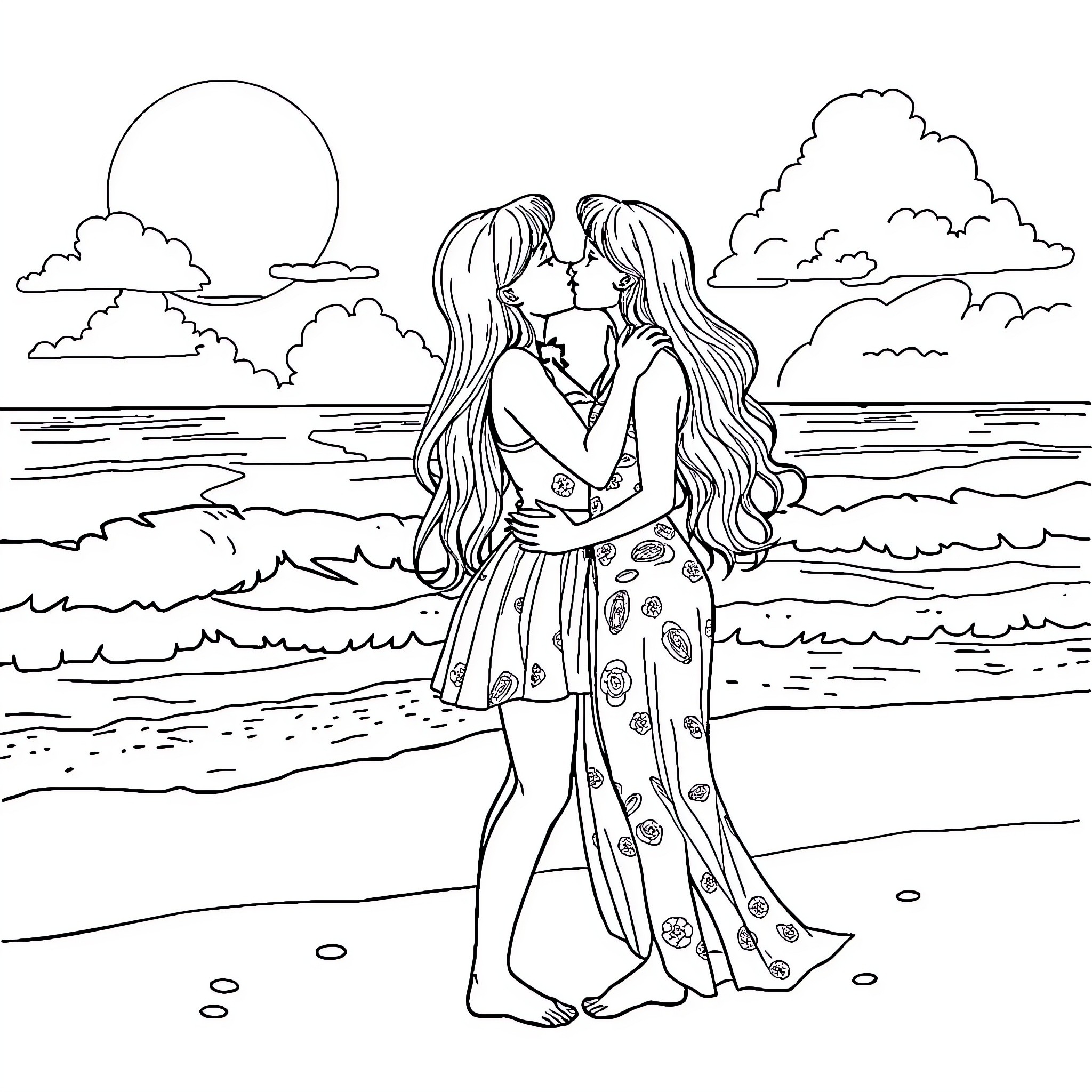 Girl enjoying romantic moment on beach Coloring Page (free black-and-white line drawing printable PDF for all, from beginners to advanced learners, including children, teens, adults, and seniors)