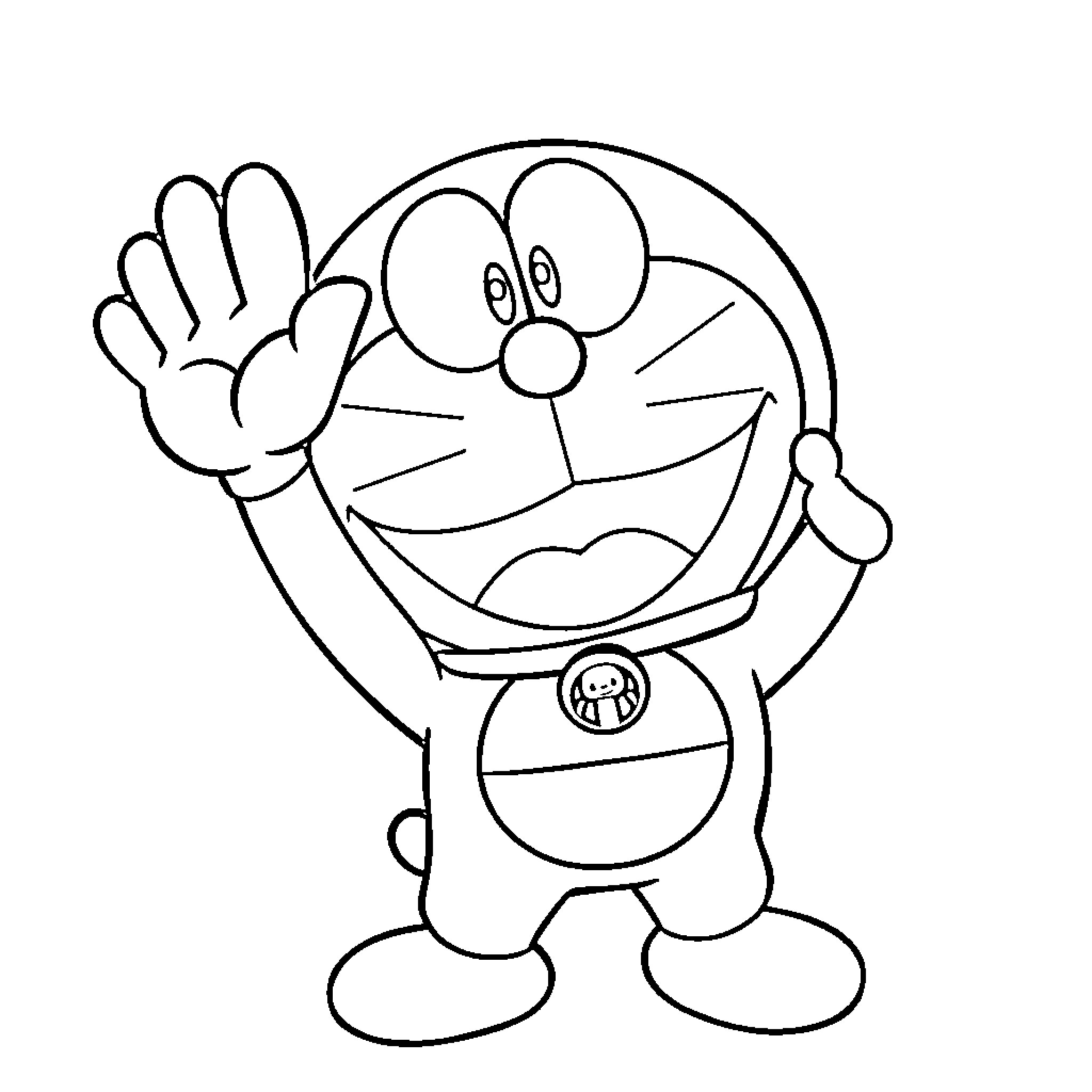 Doremon waving and smiling cheerfully Coloring Page (free black-and-white line drawing printable PDF for all, from beginners to advanced learners, including children, teens, adults, and seniors)