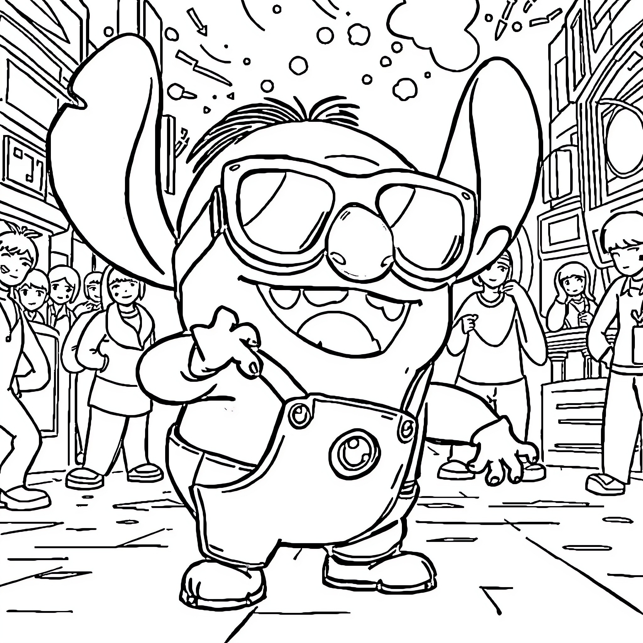 Minion exploring a crowded city street Coloring Page (free black-and-white line drawing printable PDF for all, from beginners to advanced learners, including children, teens, adults, and seniors)