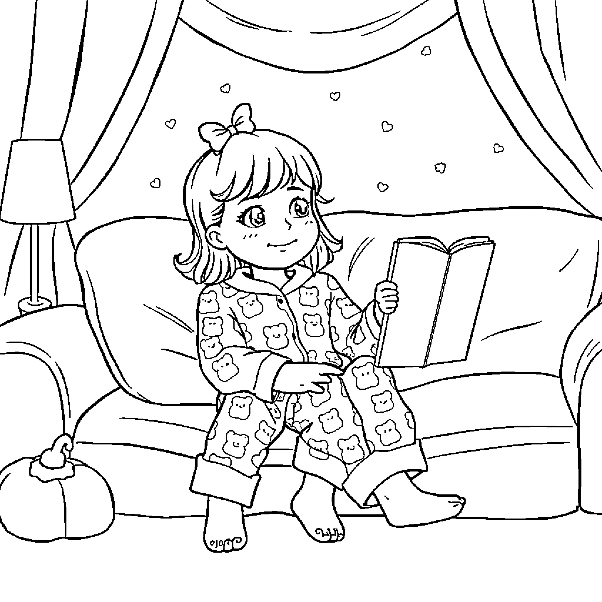 Girl reading a book in her pajamas Coloring Page (free black-and-white line drawing printable PDF for all, from beginners to advanced learners, including children, teens, adults, and seniors)
