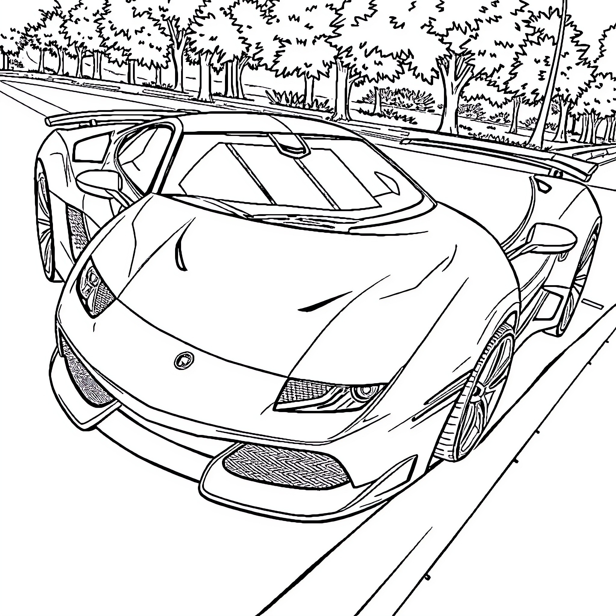 Sports Car Speeding Down a Scenic Road Coloring Page (free black-and-white line drawing printable PDF for all, from beginners to advanced learners, including children, teens, adults, and seniors)