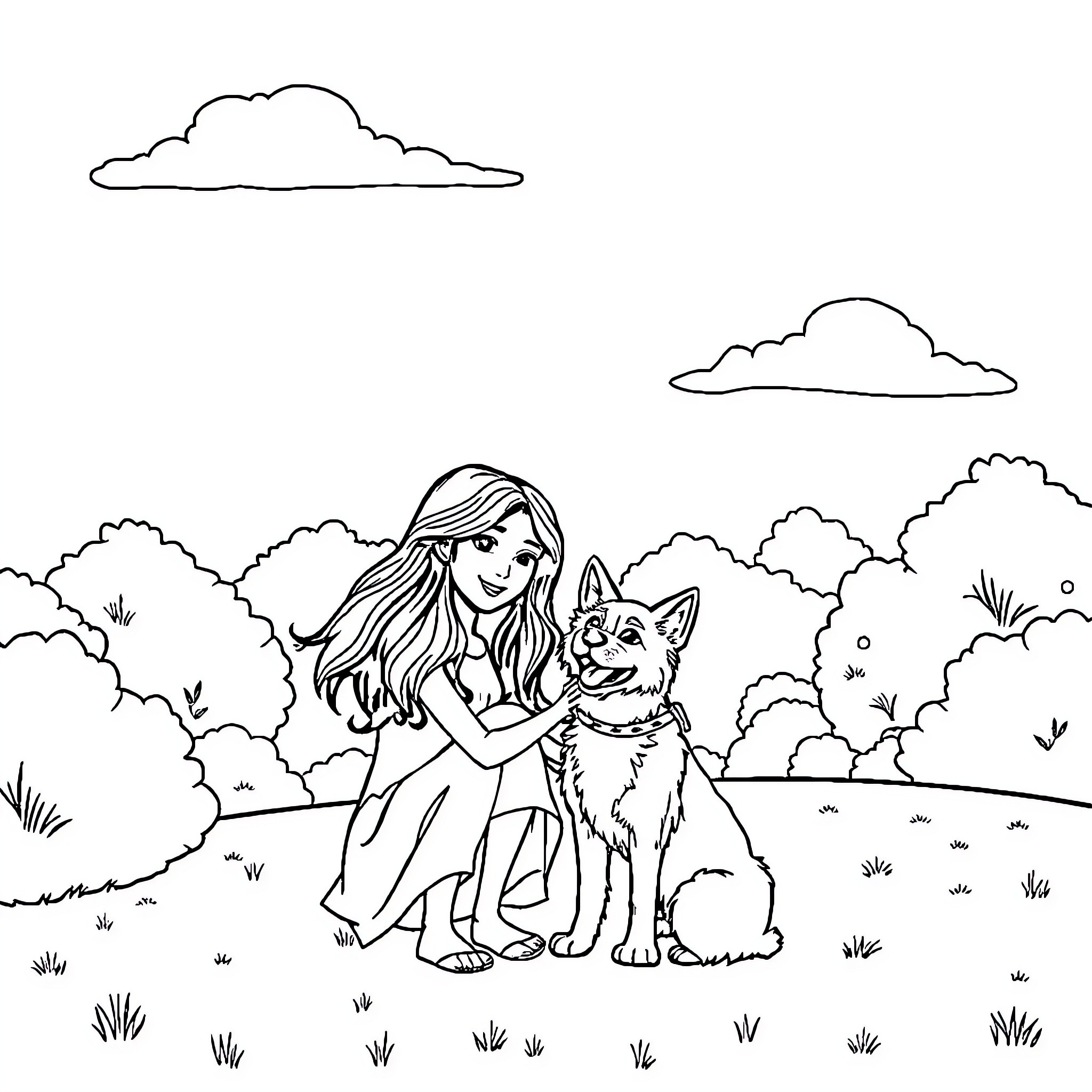 Girl playing with her dog in a tranquil outdoor setting Coloring Page (free black-and-white line drawing printable PDF for all, from beginners to advanced learners, including children, teens, adults, and seniors)