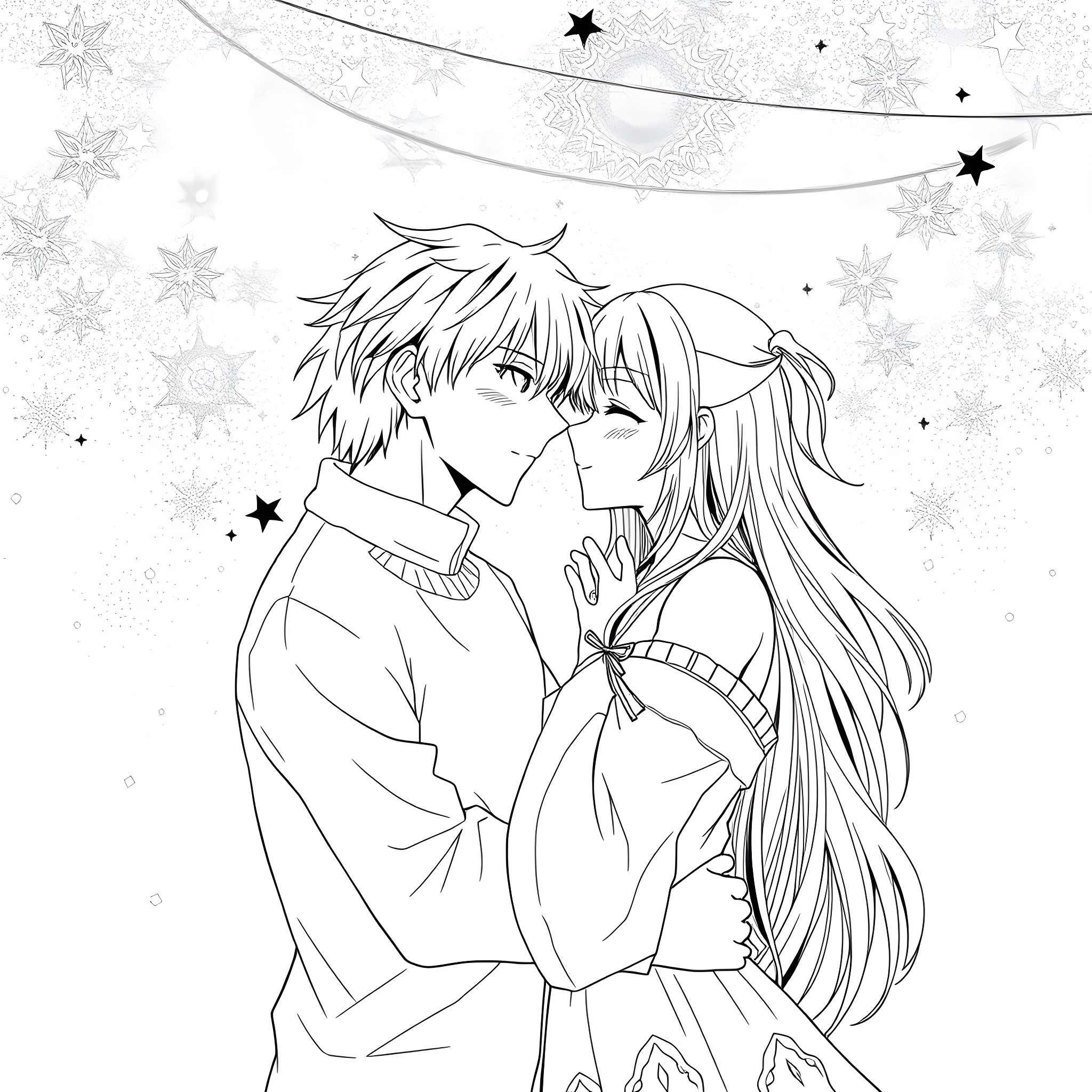 Tsukasa Tenma's Romantic Embrace under Starry Skies Coloring Page (free black-and-white line drawing printable PDF for all, from beginners to advanced learners, including children, teens, adults, and seniors)