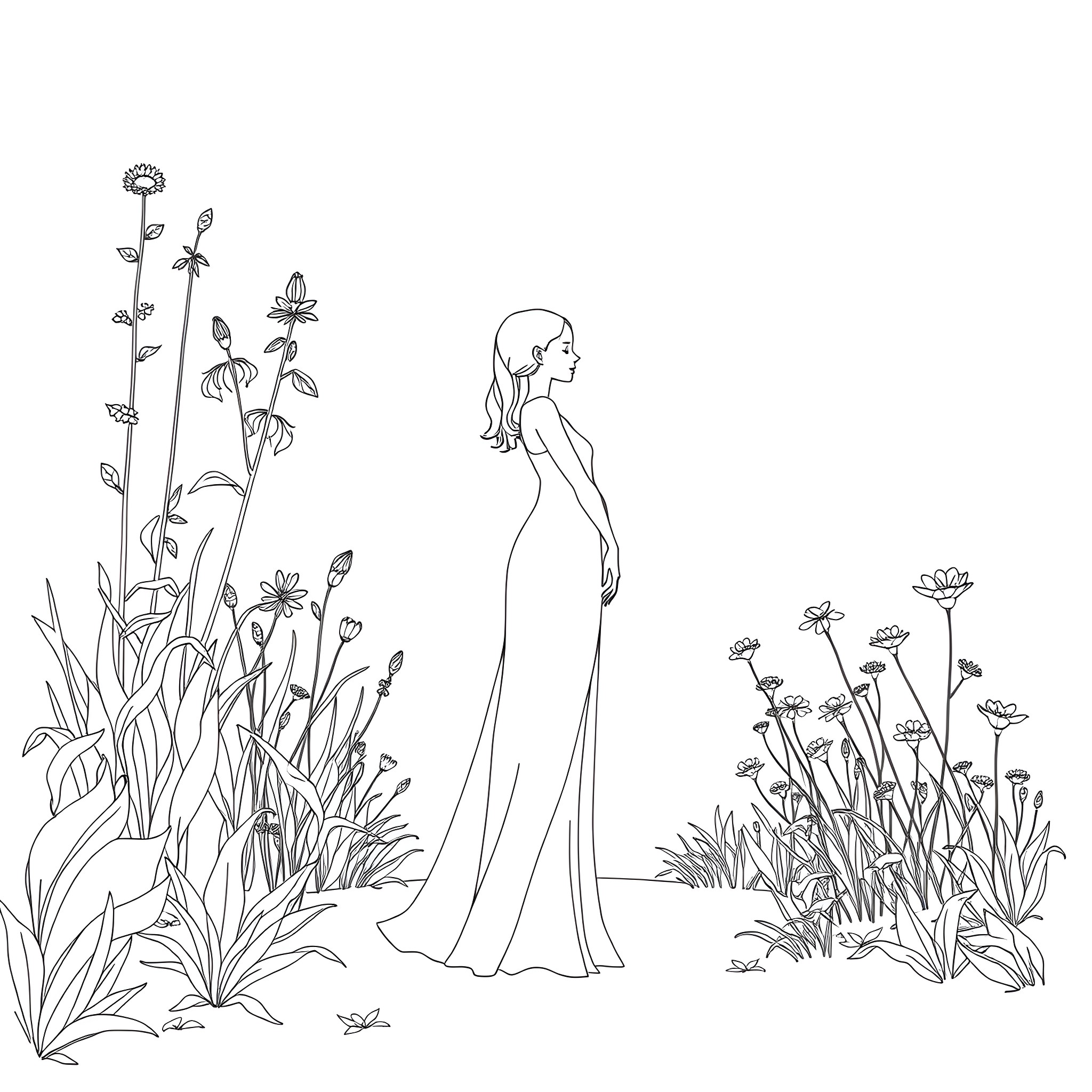 Latina woman surrounded by beautiful floral scenery Coloring Page (free black-and-white line drawing printable PDF for all, from beginners to advanced learners, including children, teens, adults, and seniors)