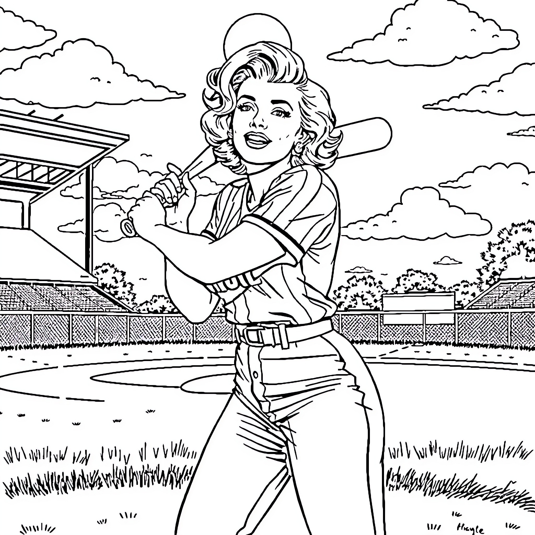 Marilyn Monroe playing baseball in the park Coloring Page (free black-and-white line drawing printable PDF for all, from beginners to advanced learners, including children, teens, adults, and seniors)