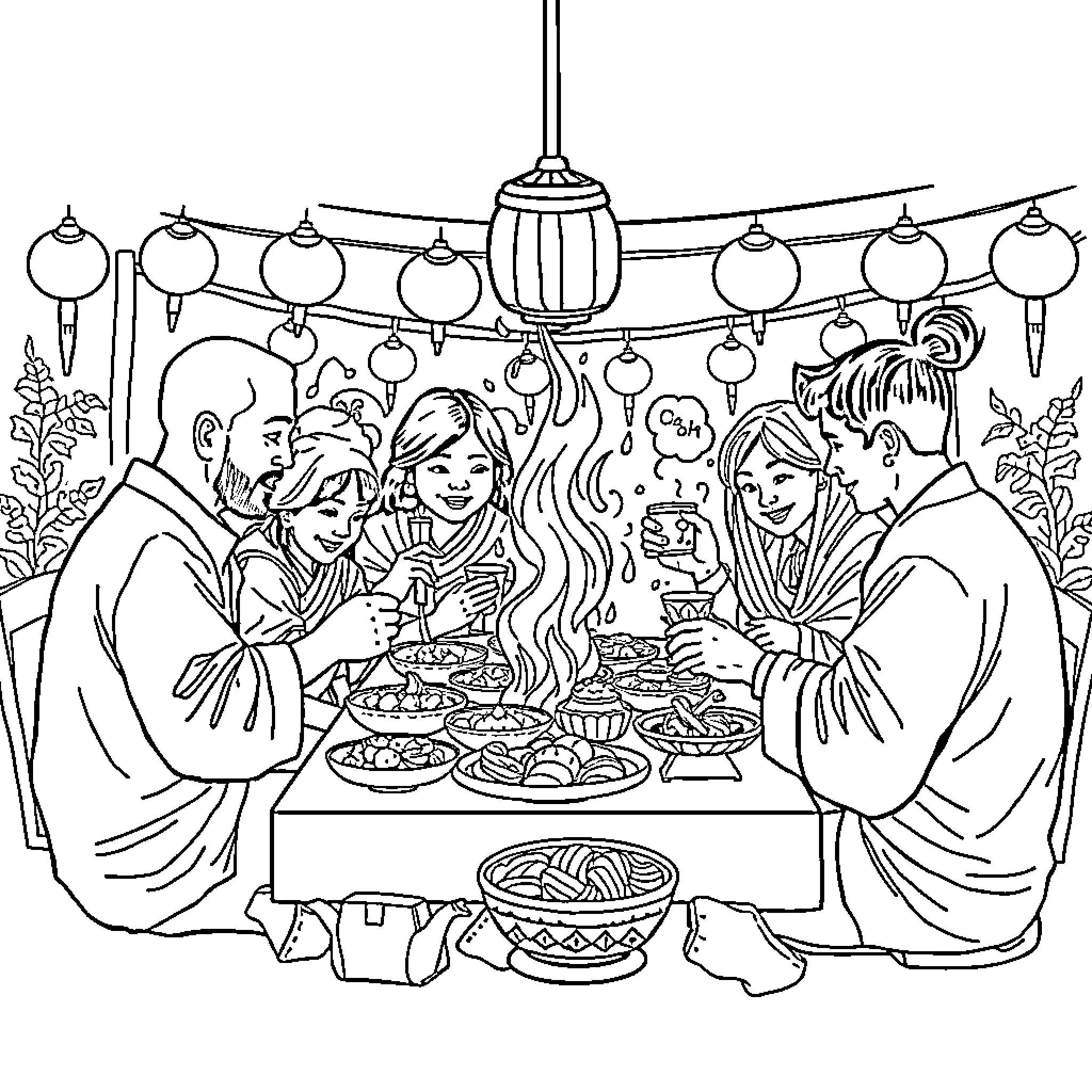 Tung Tung Family Dinner Celebration Coloring Page (free black-and-white line drawing printable PDF for all, from beginners to advanced learners, including children, teens, adults, and seniors)