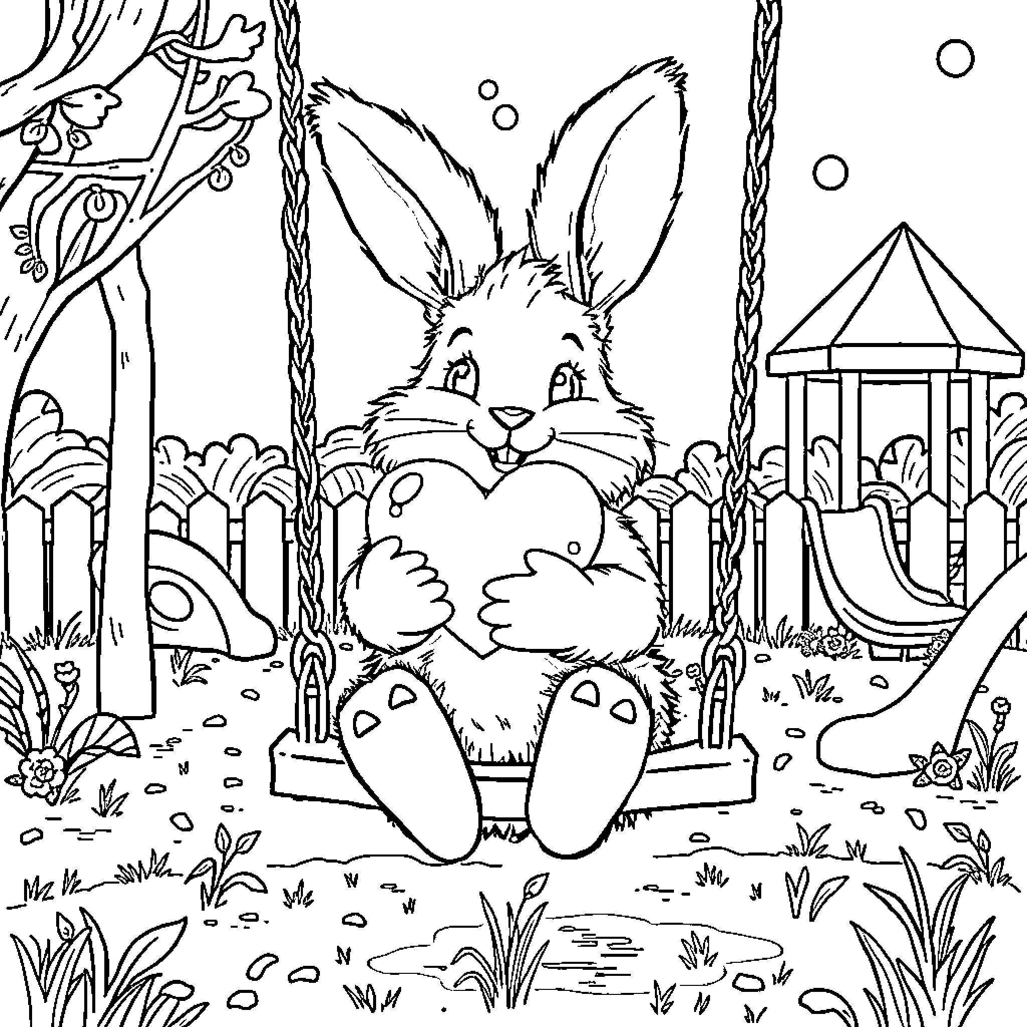 Bunny relaxing on a swing in a whimsical garden Coloring Page (free black-and-white line drawing printable PDF for all, from beginners to advanced learners, including children, teens, adults, and seniors)