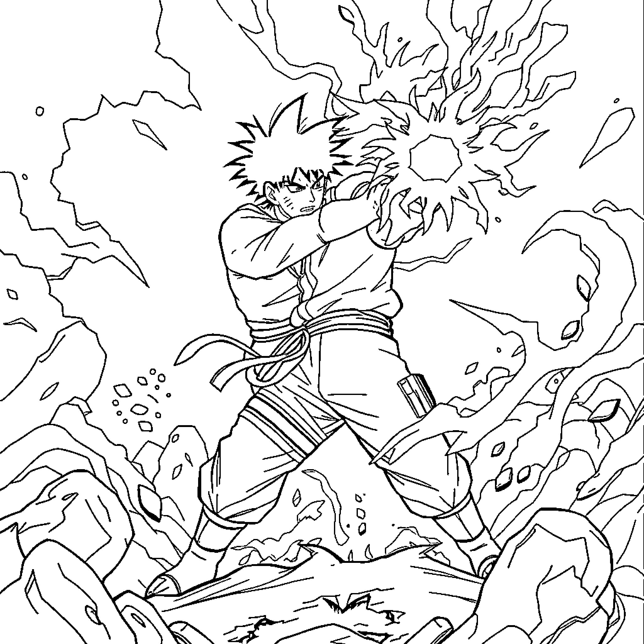 Naruto unleashing powerful ninjutsu attack Coloring Page (free black-and-white line drawing printable PDF for all, from beginners to advanced learners, including children, teens, adults, and seniors)