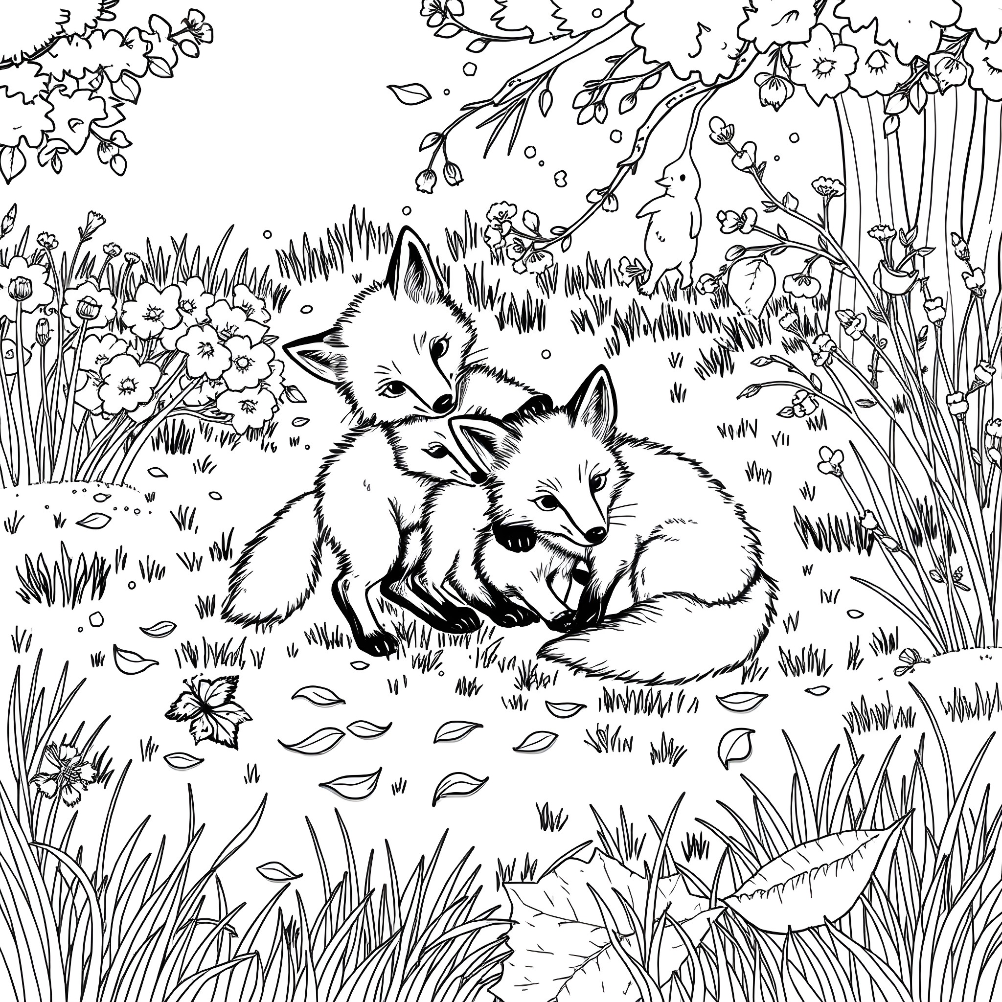 Fox cubs resting in the autumn forest Coloring Page (free black-and-white line drawing printable PDF for all, from beginners to advanced learners, including children, teens, adults, and seniors)