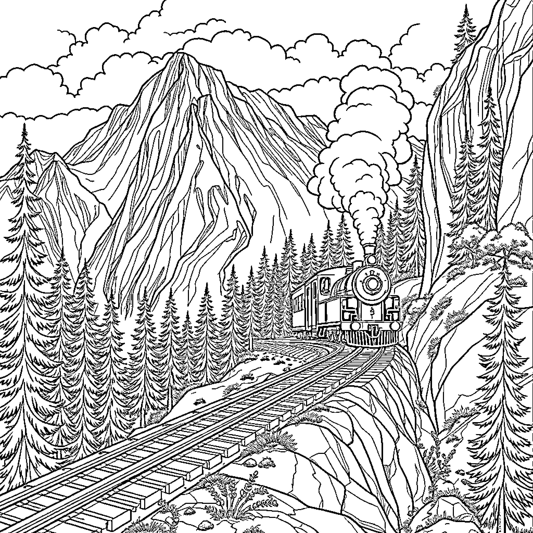 Steam Train Traversing Majestic Mountain Landscape Coloring Page (free black-and-white line drawing printable PDF for all, from beginners to advanced learners, including children, teens, adults, and seniors)