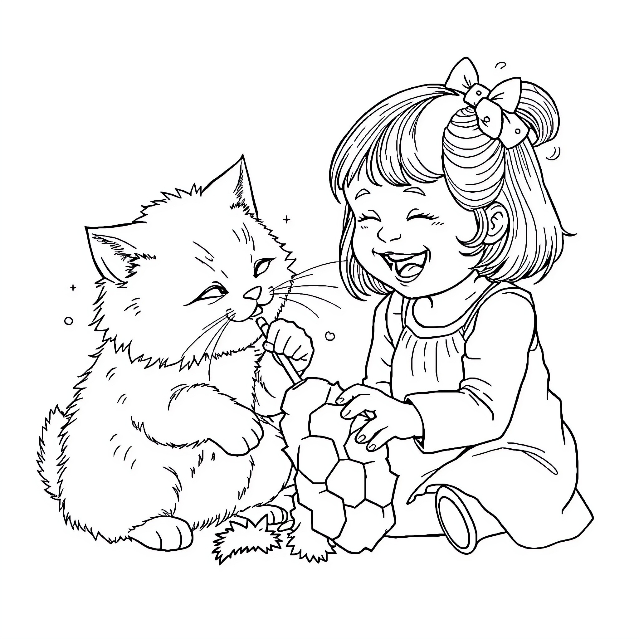Cat and Girl Playing Together Happily Coloring Page (free black-and-white line drawing printable PDF for all, from beginners to advanced learners, including children, teens, adults, and seniors)