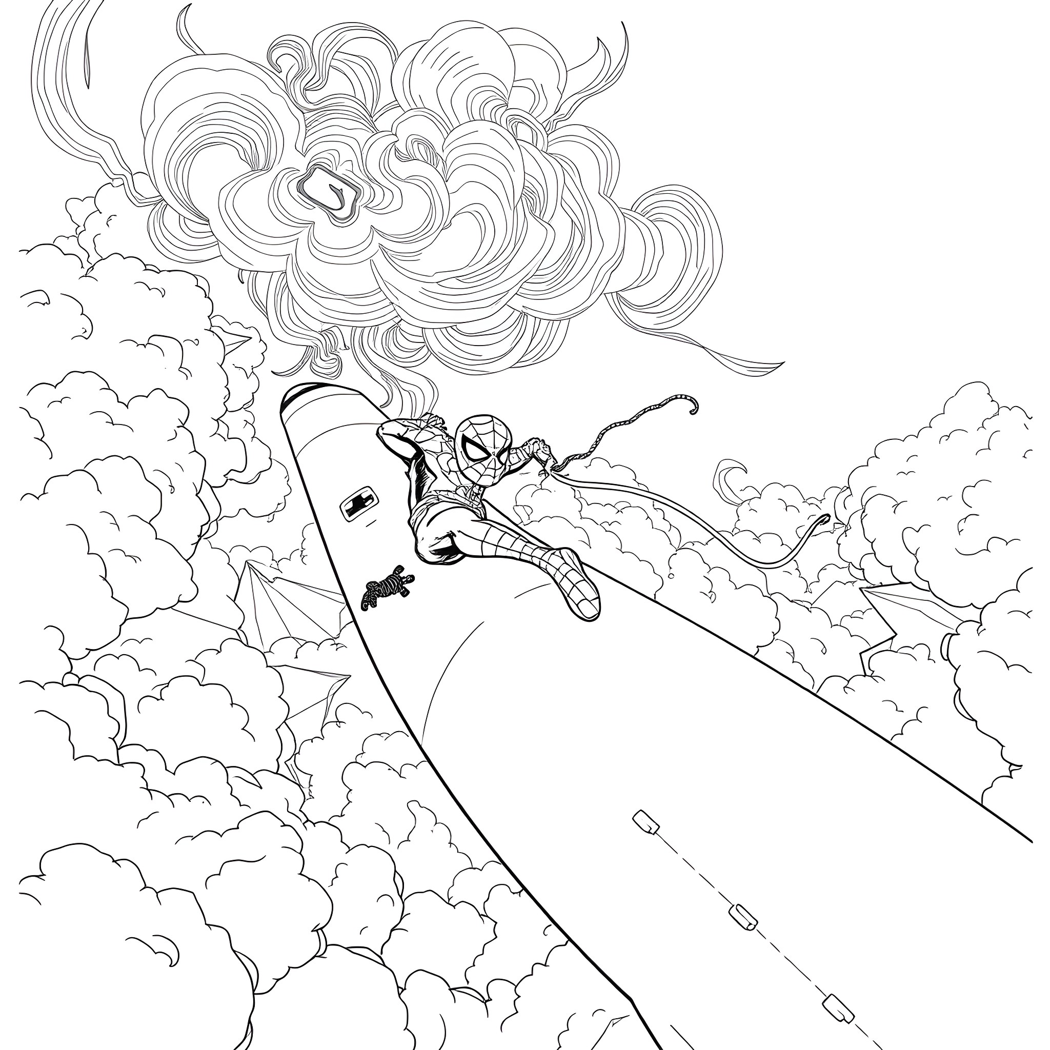 Spiderman swinging through the clouds with dramatic explosion Coloring Page (free black-and-white line drawing printable PDF for all, from beginners to advanced learners, including children, teens, adults, and seniors)