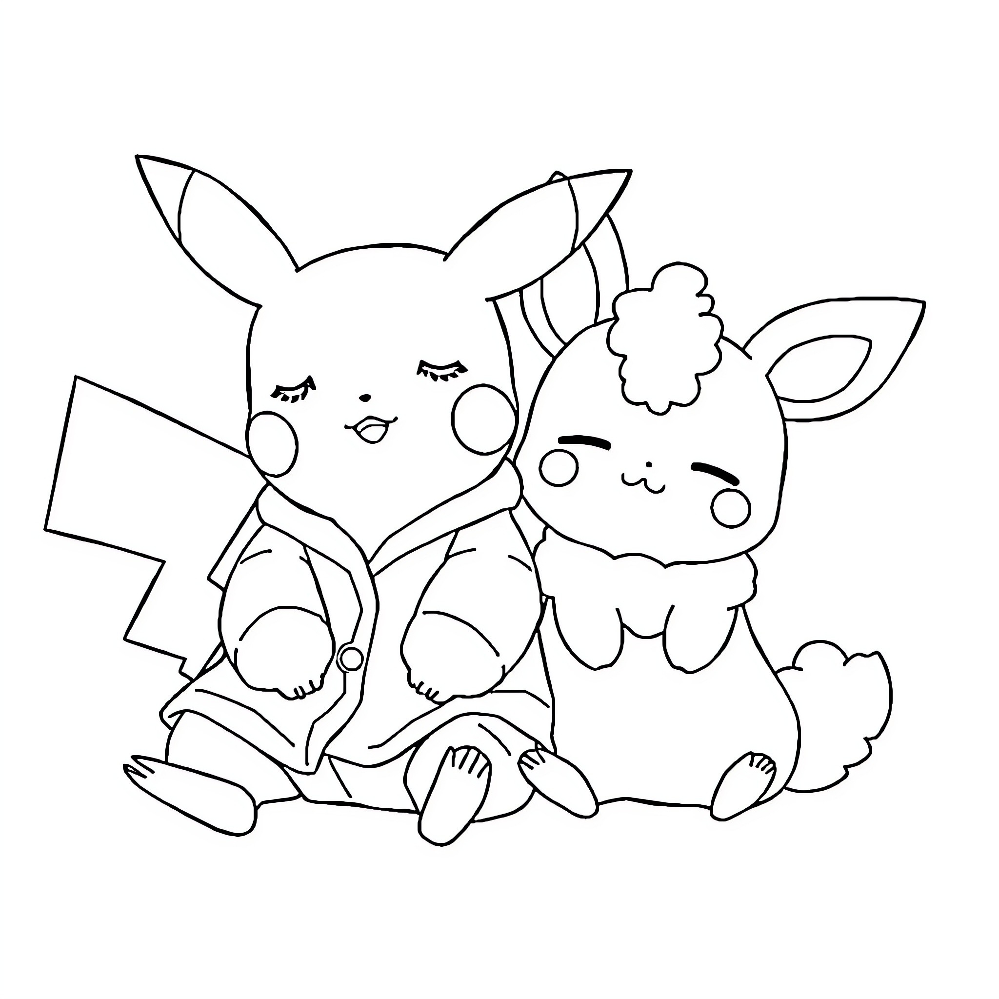Pikachu and Eevee enjoying a playful moment Coloring Page (free black-and-white line drawing printable PDF for all, from beginners to advanced learners, including children, teens, adults, and seniors)