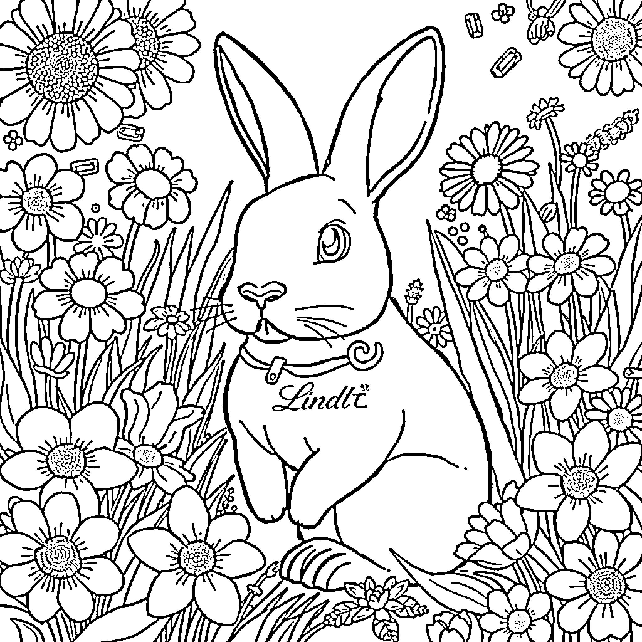 Bunny in a Floral Garden Coloring Page (free black-and-white line drawing printable PDF for all, from beginners to advanced learners, including children, teens, adults, and seniors)