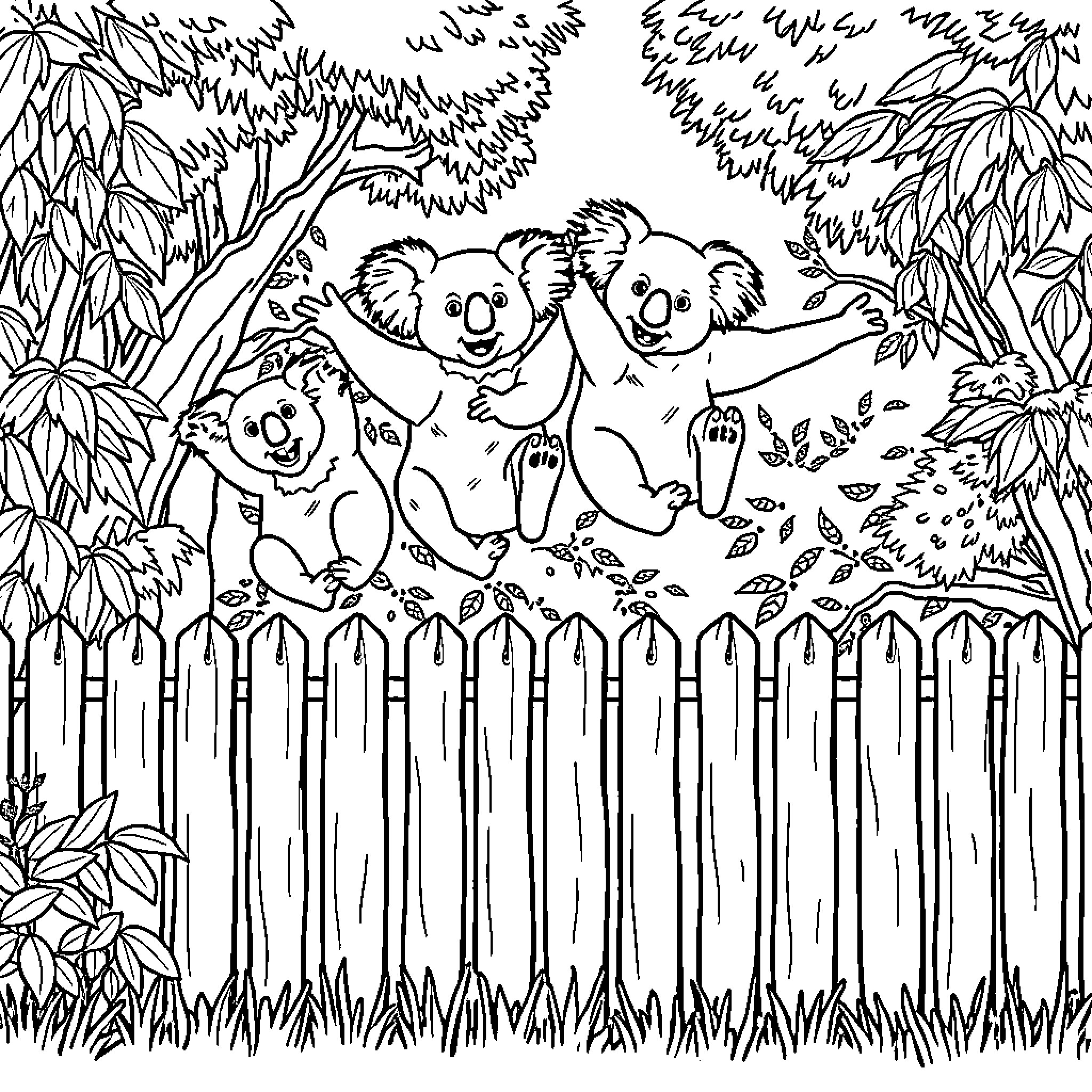 Koala family climbing on a fence in the forest Coloring Page (free black-and-white line drawing printable PDF for all, from beginners to advanced learners, including children, teens, adults, and seniors)
