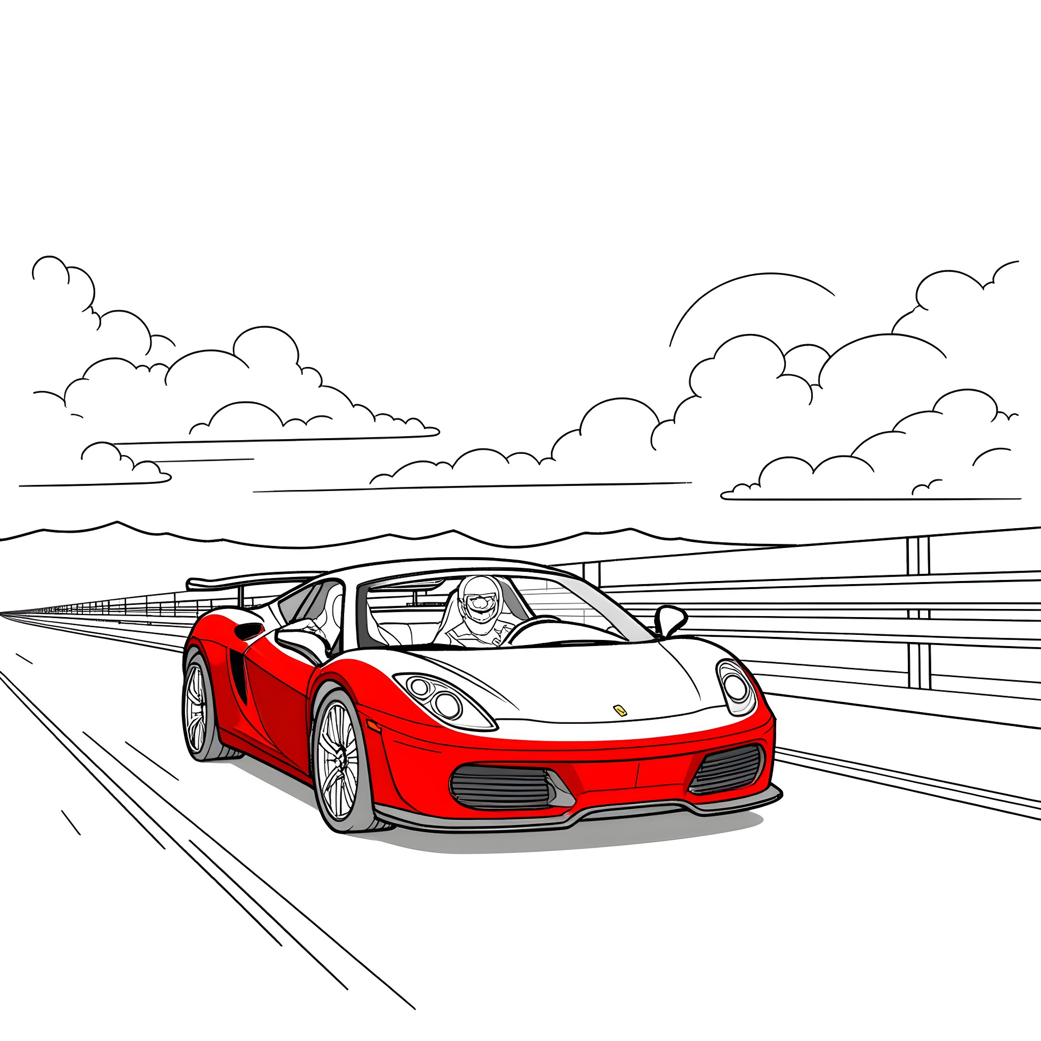 Luca Jannotta's red sports car on the highway Coloring Page (free black-and-white line drawing printable PDF for all, from beginners to advanced learners, including children, teens, adults, and seniors)