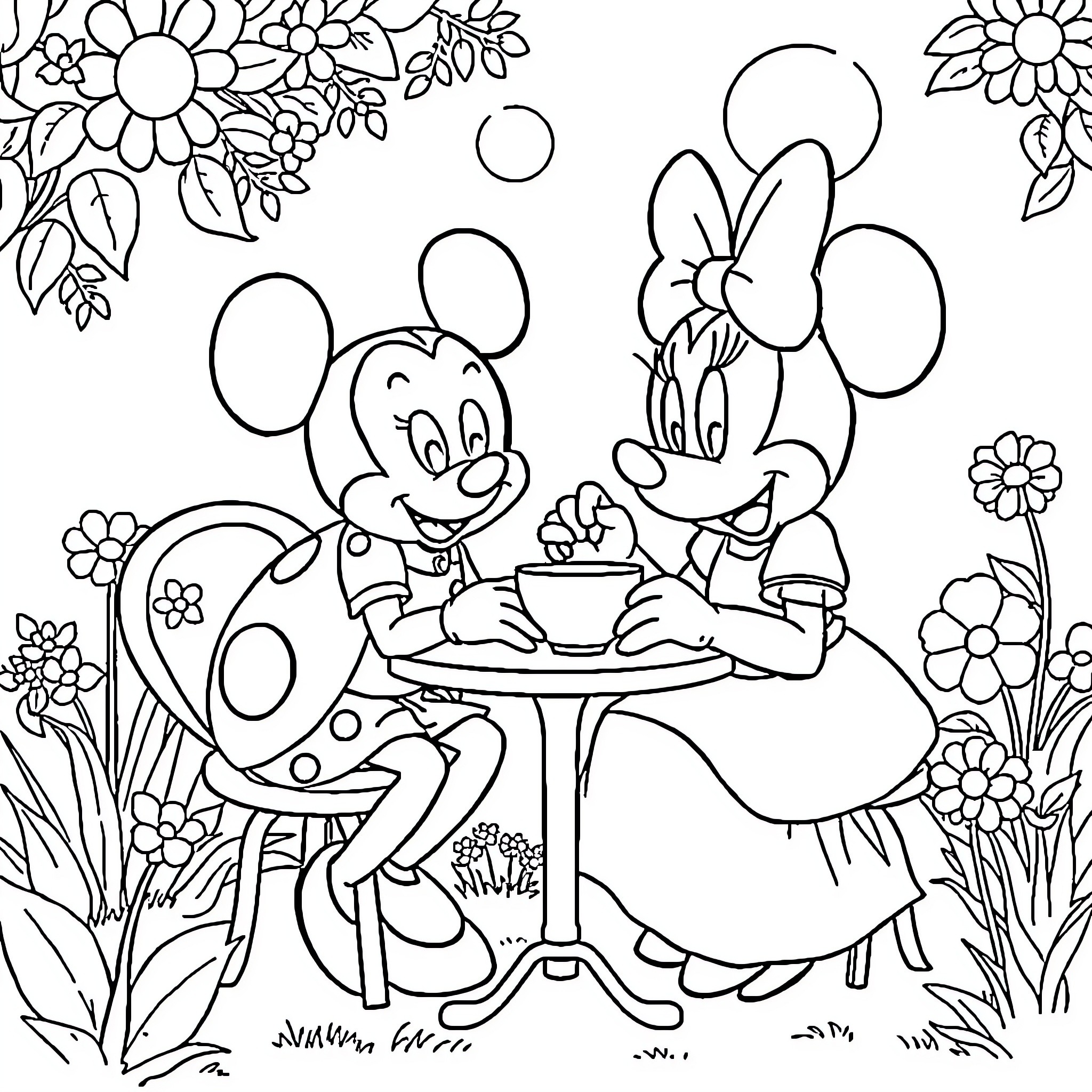 Ladybug and friends having a tea party in the garden Coloring Page (free black-and-white line drawing printable PDF for all, from beginners to advanced learners, including children, teens, adults, and seniors)