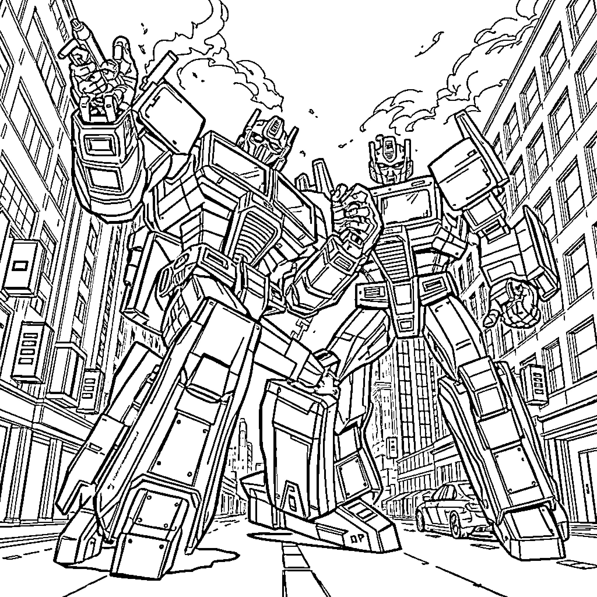 Transformer robots battling in a futuristic city Coloring Page (free black-and-white line drawing printable PDF for all, from beginners to advanced learners, including children, teens, adults, and seniors)