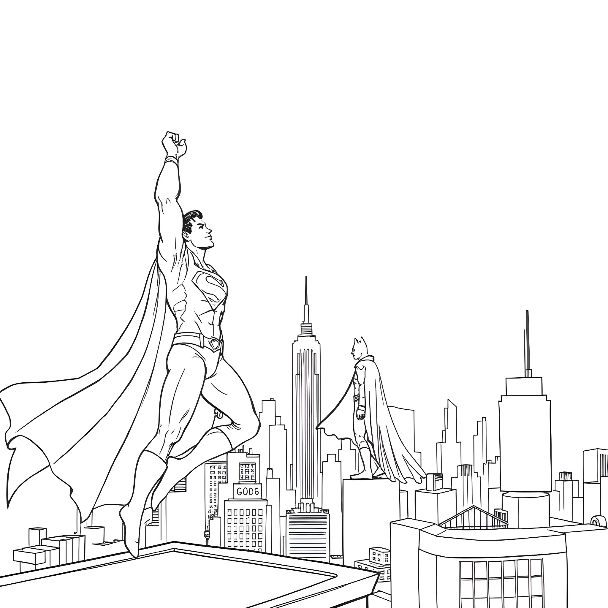 Superman soaring over the city skyline Coloring Page (free black-and-white line drawing printable PDF for all, from beginners to advanced learners, including children, teens, adults, and seniors)
