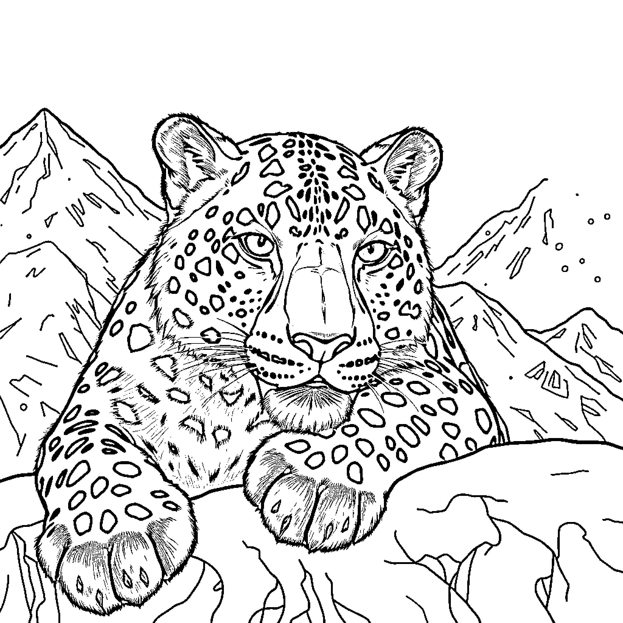 Snow Leopard resting in snowy mountain landscape Coloring Page (free black-and-white line drawing printable PDF for all, from beginners to advanced learners, including children, teens, adults, and seniors)