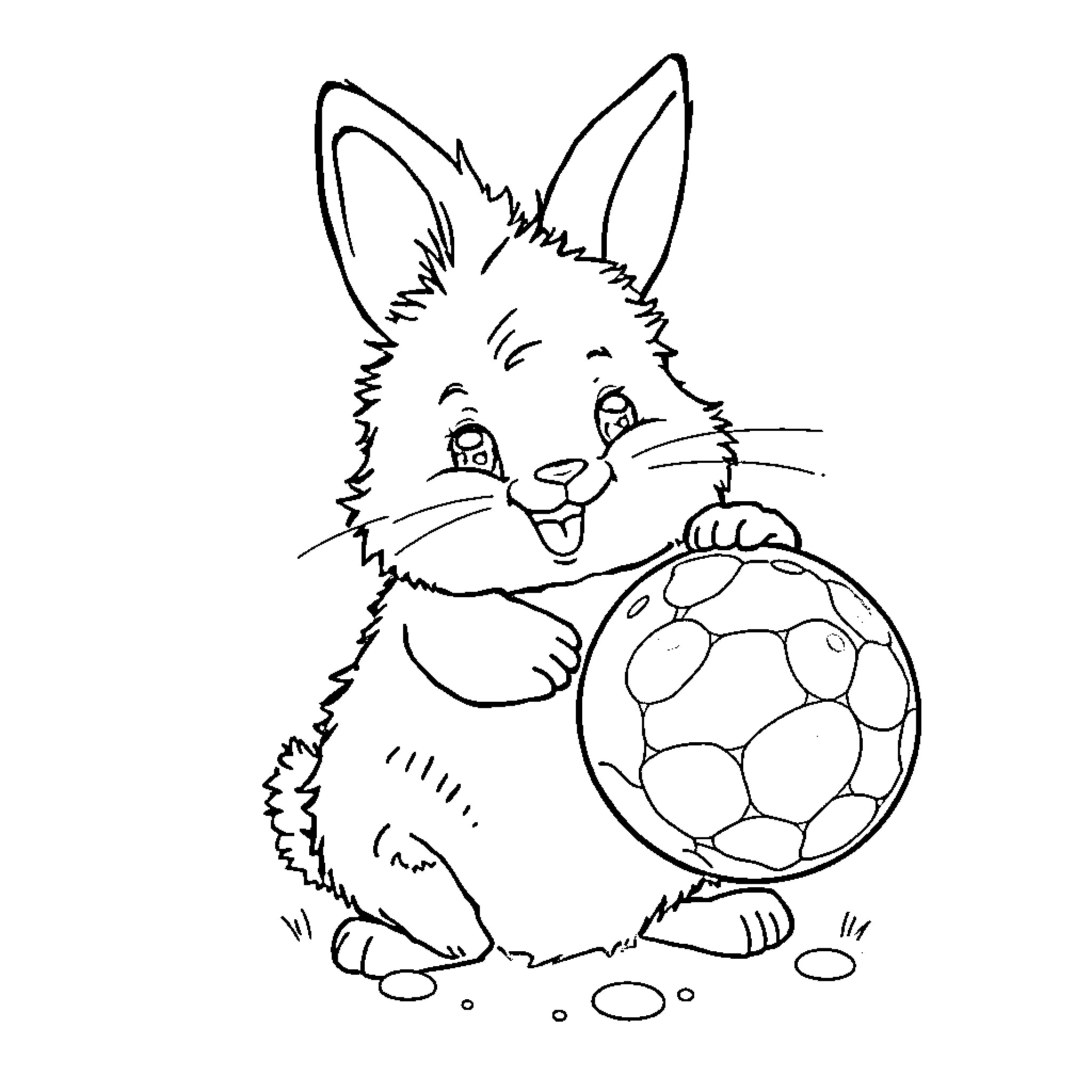 Bunny playing happily with a soccer ball Coloring Page (free black-and-white line drawing printable PDF for all, from beginners to advanced learners, including children, teens, adults, and seniors)