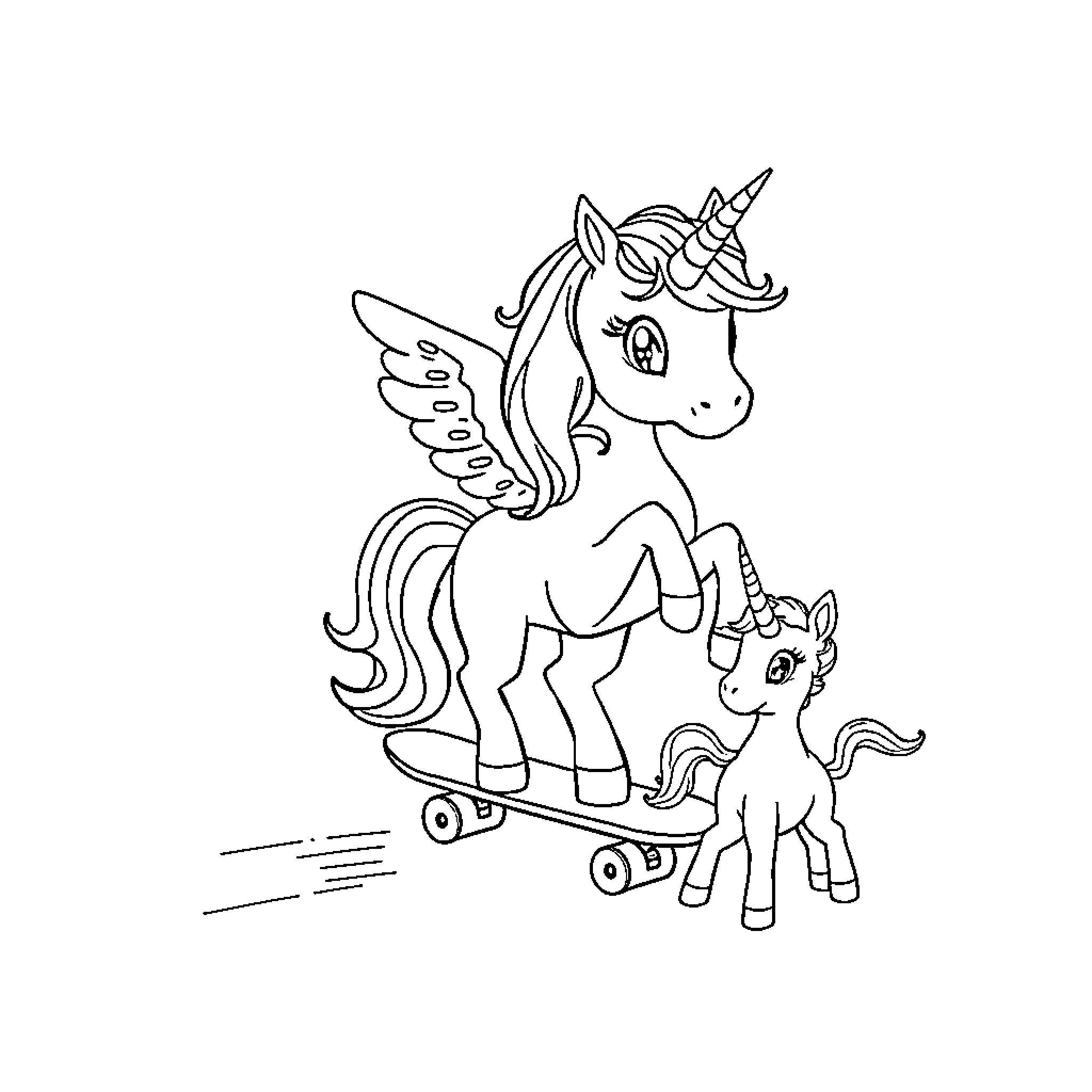 Unicorn siblings riding skateboards together Coloring Page (free black-and-white line drawing printable PDF for all, from beginners to advanced learners, including children, teens, adults, and seniors)