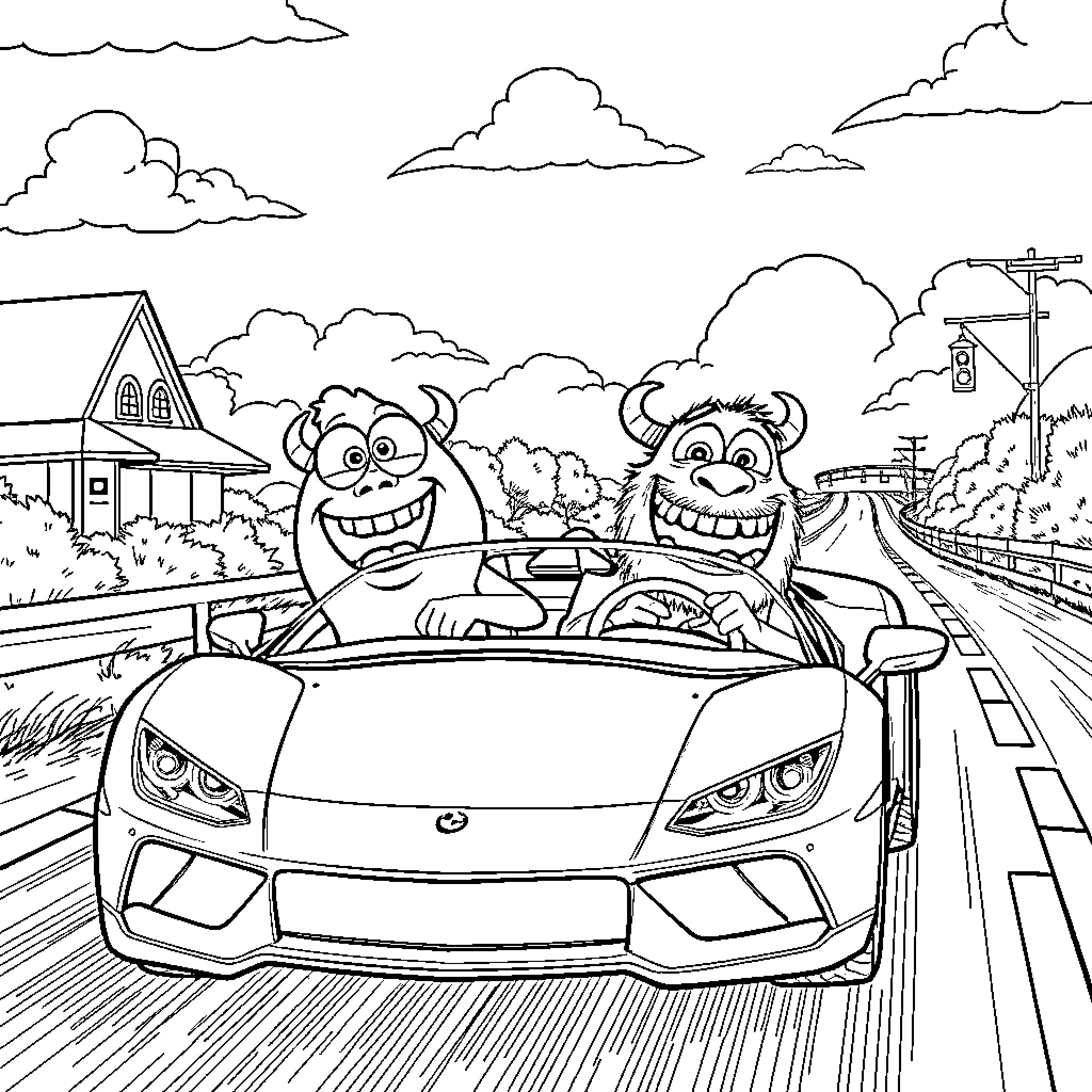 Mike Wazowski enjoying a joyride with his friend Coloring Page (free black-and-white line drawing printable PDF for all, from beginners to advanced learners, including children, teens, adults, and seniors)