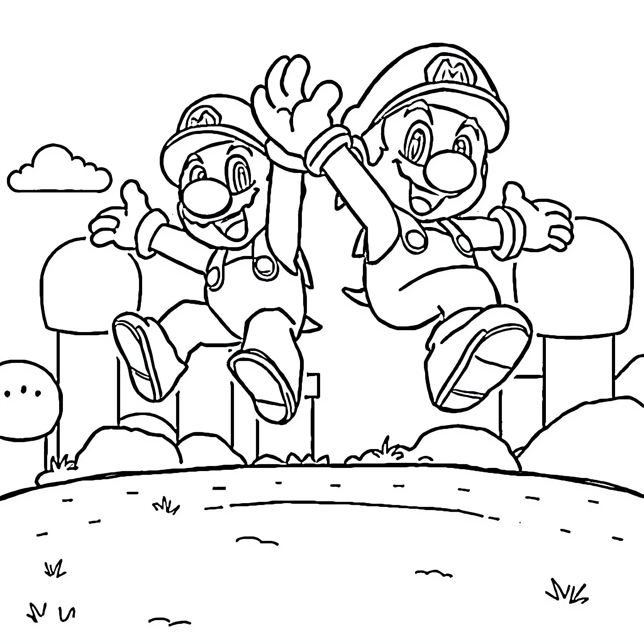 Mario brothers' playful adventure in the countryside Coloring Page (free black-and-white line drawing printable PDF for all, from beginners to advanced learners, including children, teens, adults, and seniors)