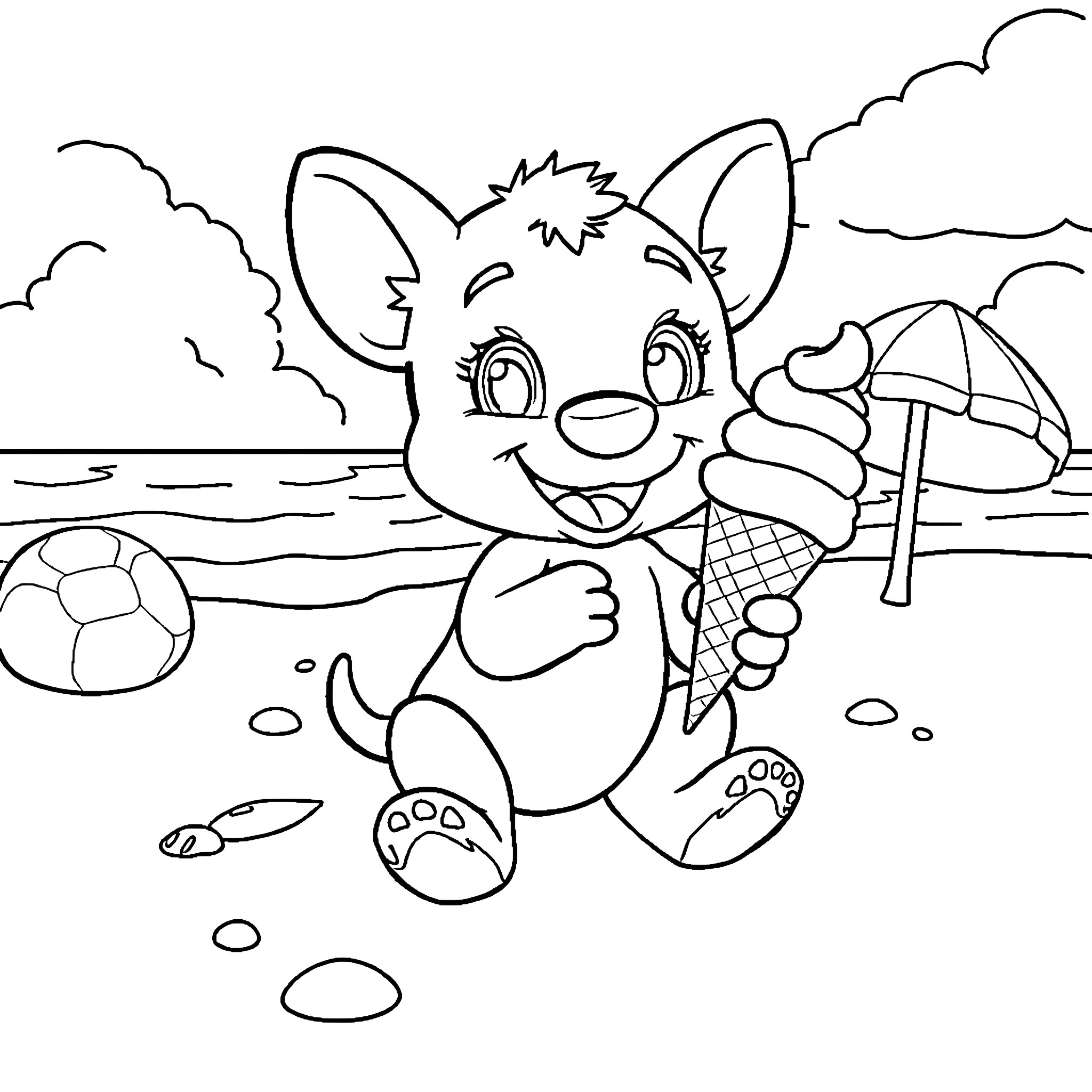 Bluey playing joyfully at the beach Coloring Page (free black-and-white line drawing printable PDF for all, from beginners to advanced learners, including children, teens, adults, and seniors)
