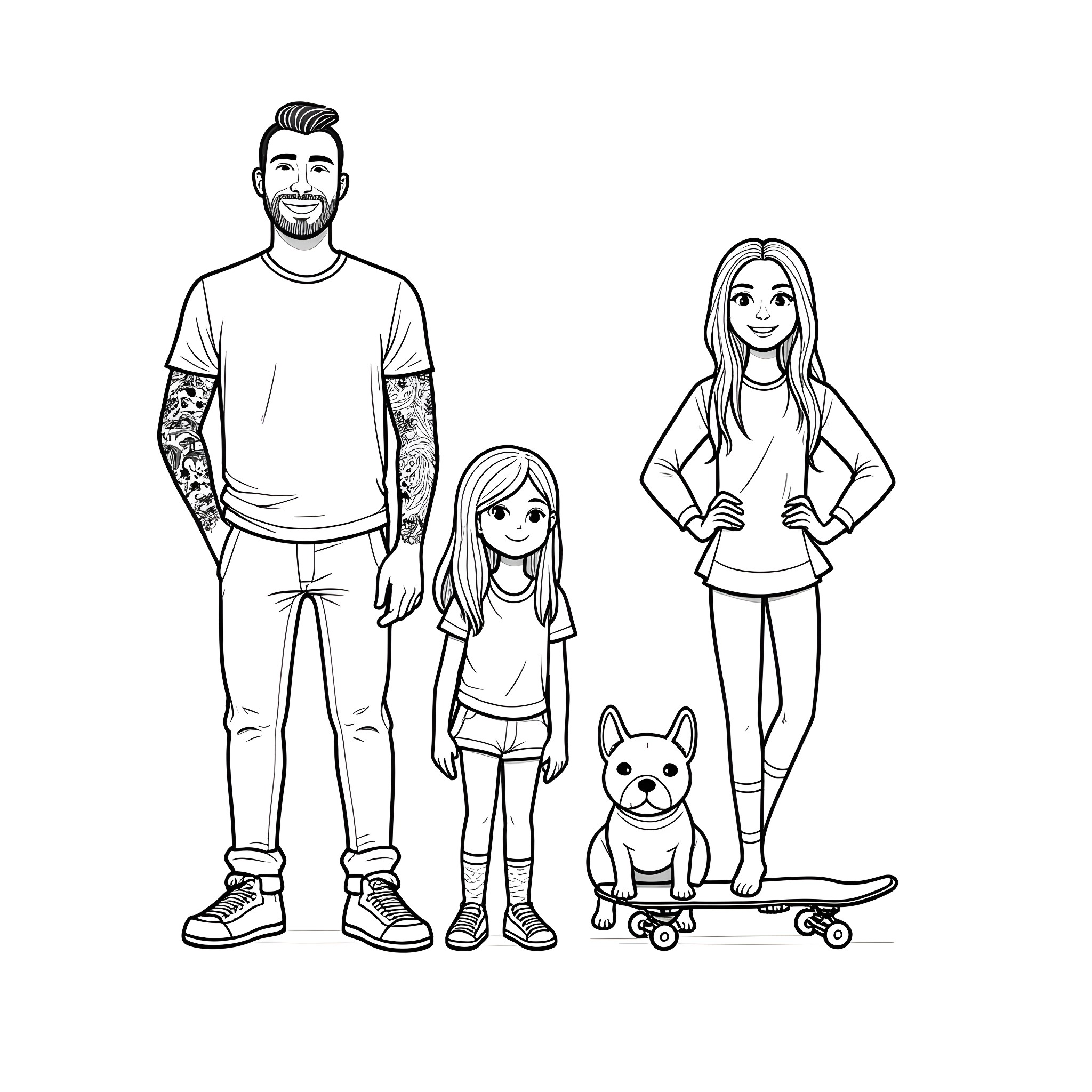 Family enjoying outdoor activities together Coloring Page (free black-and-white line drawing printable PDF for all, from beginners to advanced learners, including children, teens, adults, and seniors)